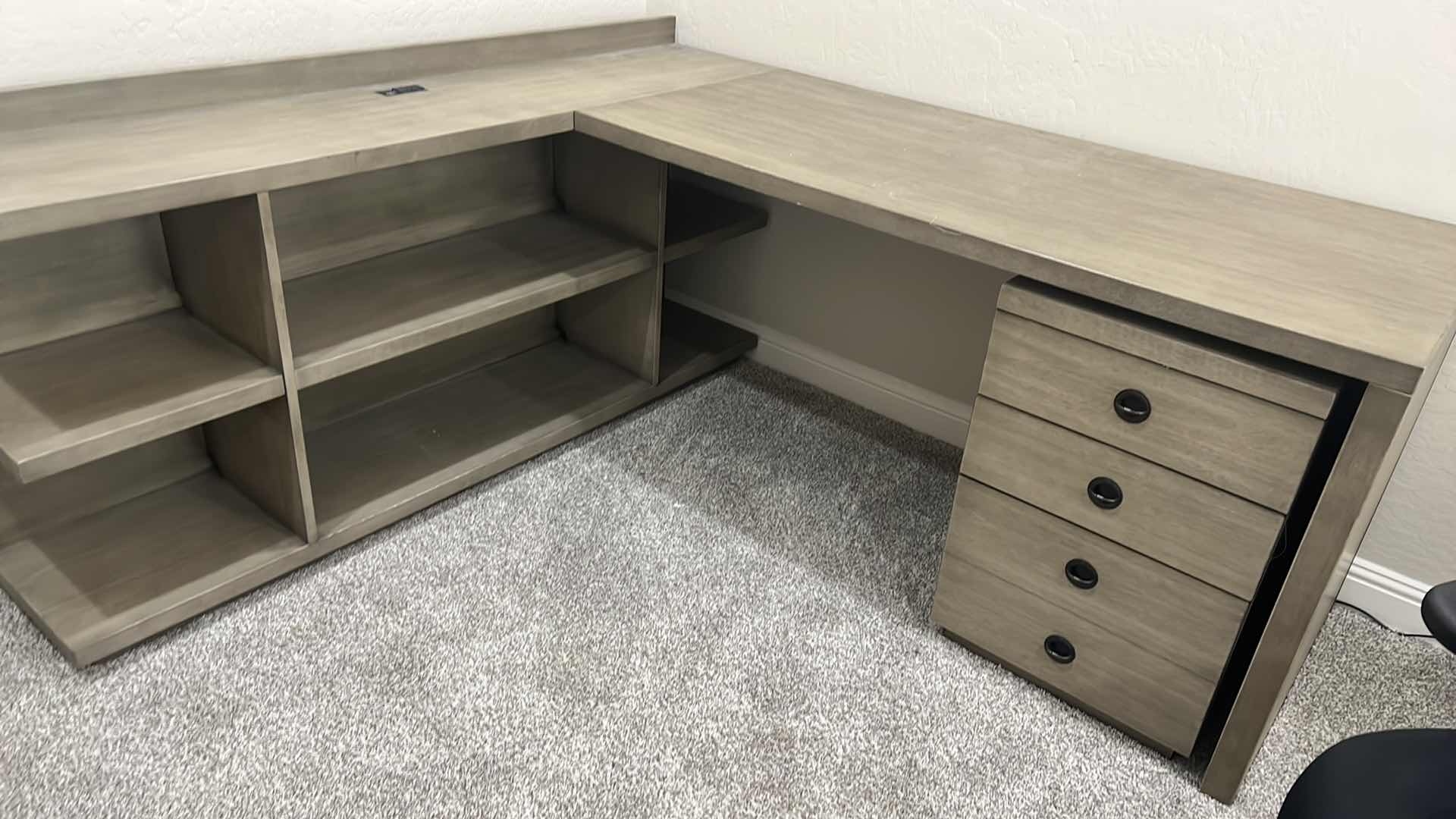 Photo 1 of WOODEN L SHAPED DESK. 3 PIECE GREY DISTRESSED WITH REMOVABLE FILE DRAWERS.  56"X 26"X 30"