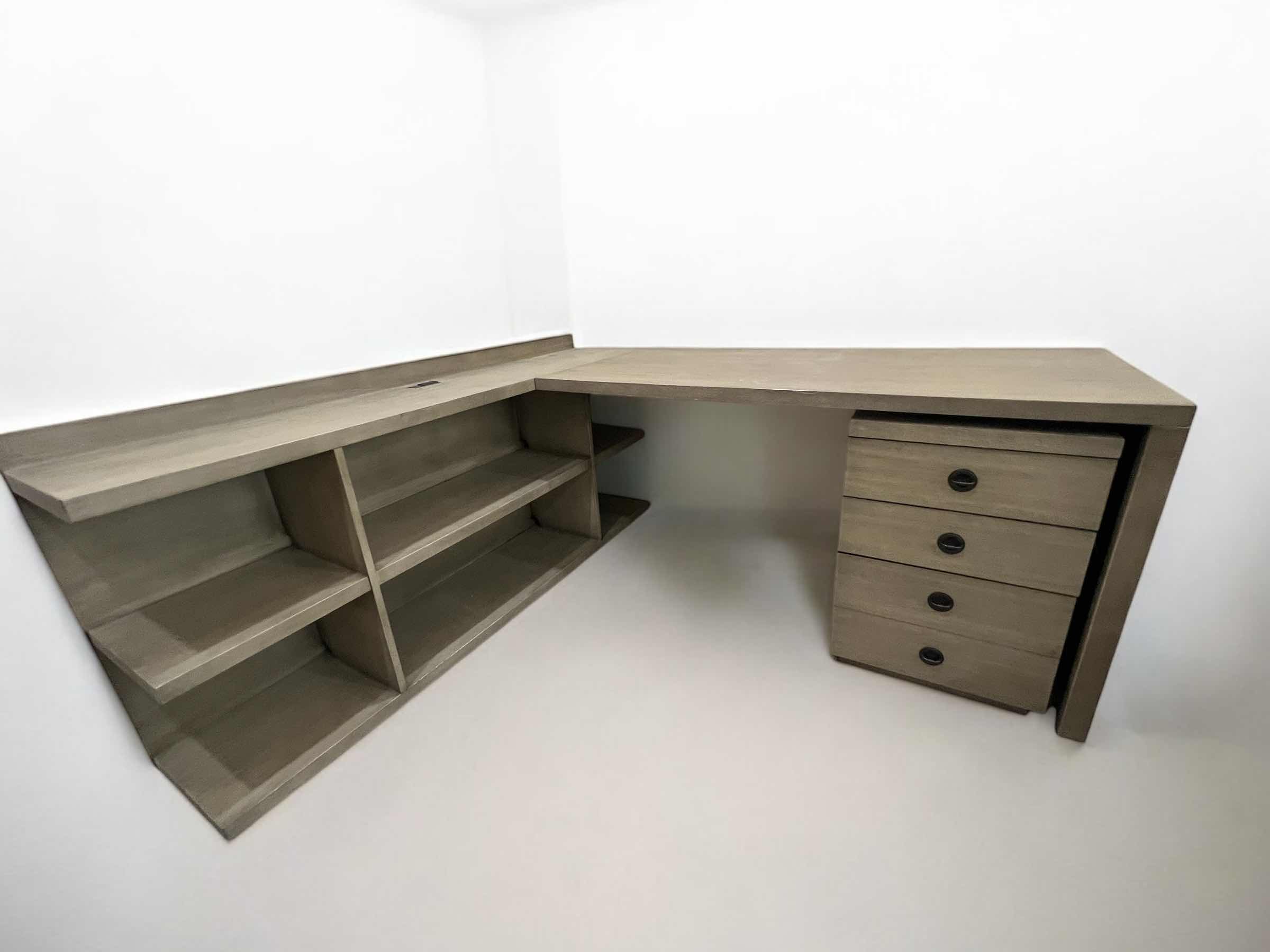 Photo 1 of WOODEN L SHAPED DESK. 3 PIECE GREY DISTRESSED WITH REMOVABLE FILE DRAWERS.  56"X 26"X 30"