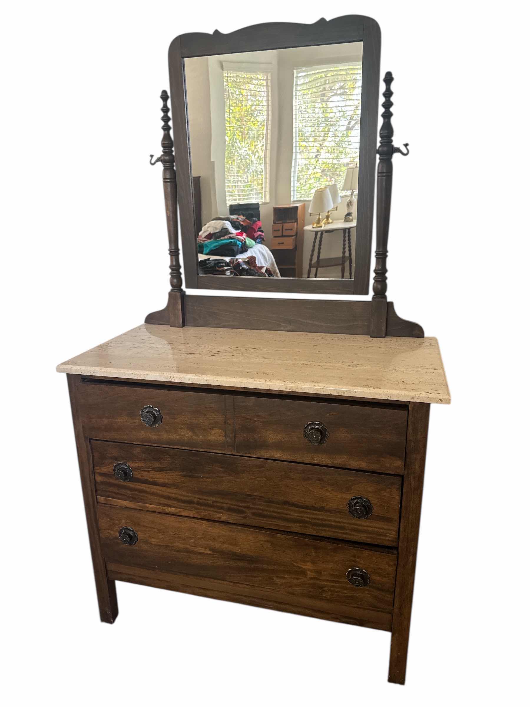 Photo 1 of ANTIQUE WOODEN TILT MIRROR DRESSER WITH DOVETAILED DRAWERS 37“ x 18“ H 66”