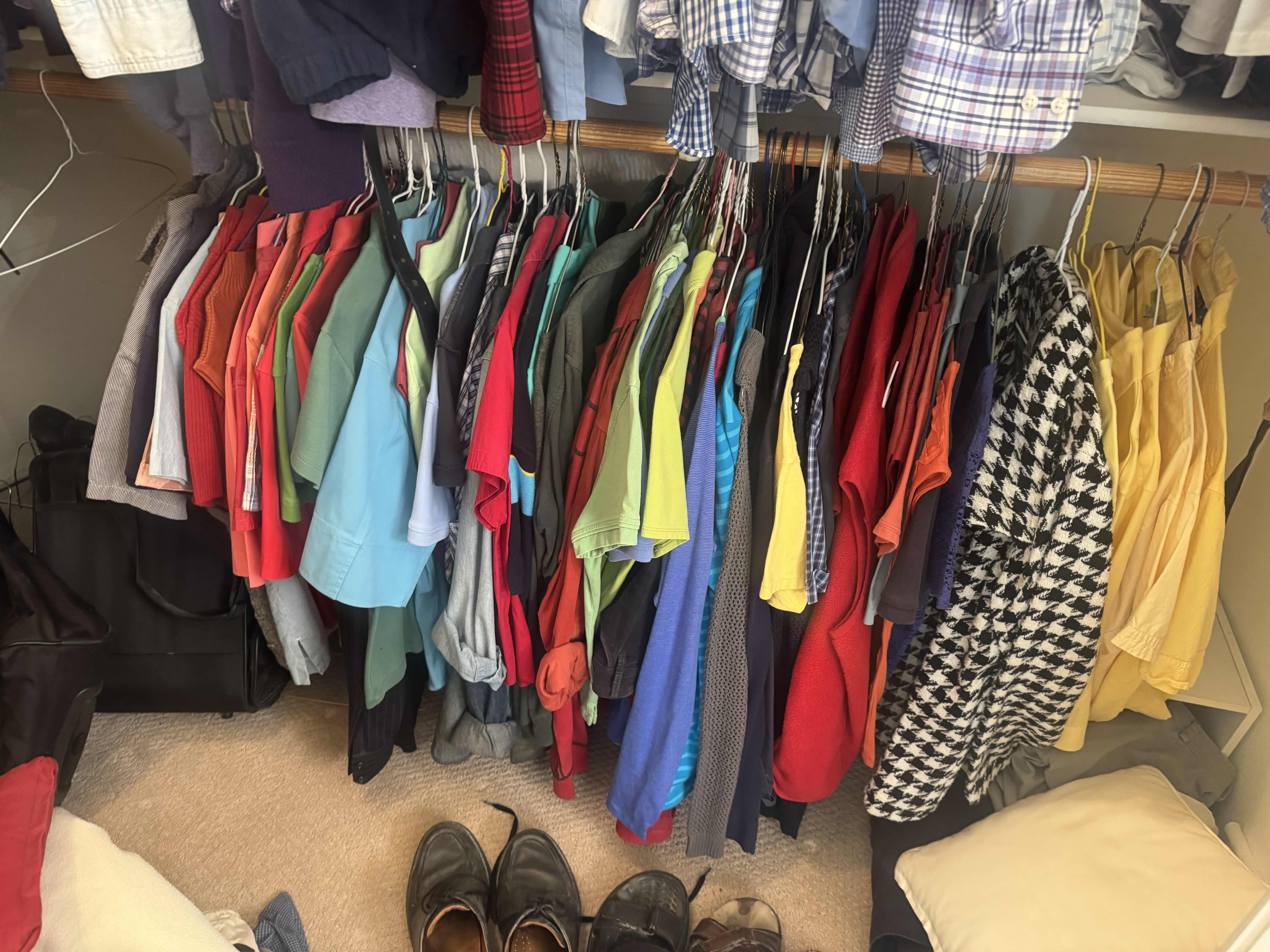 Photo 1 of CONTENTS OF CLOSET: MENS XL & WOMENS SMALL: MENS SIZE 10 SHOES, LUGGAGE AND LINENS