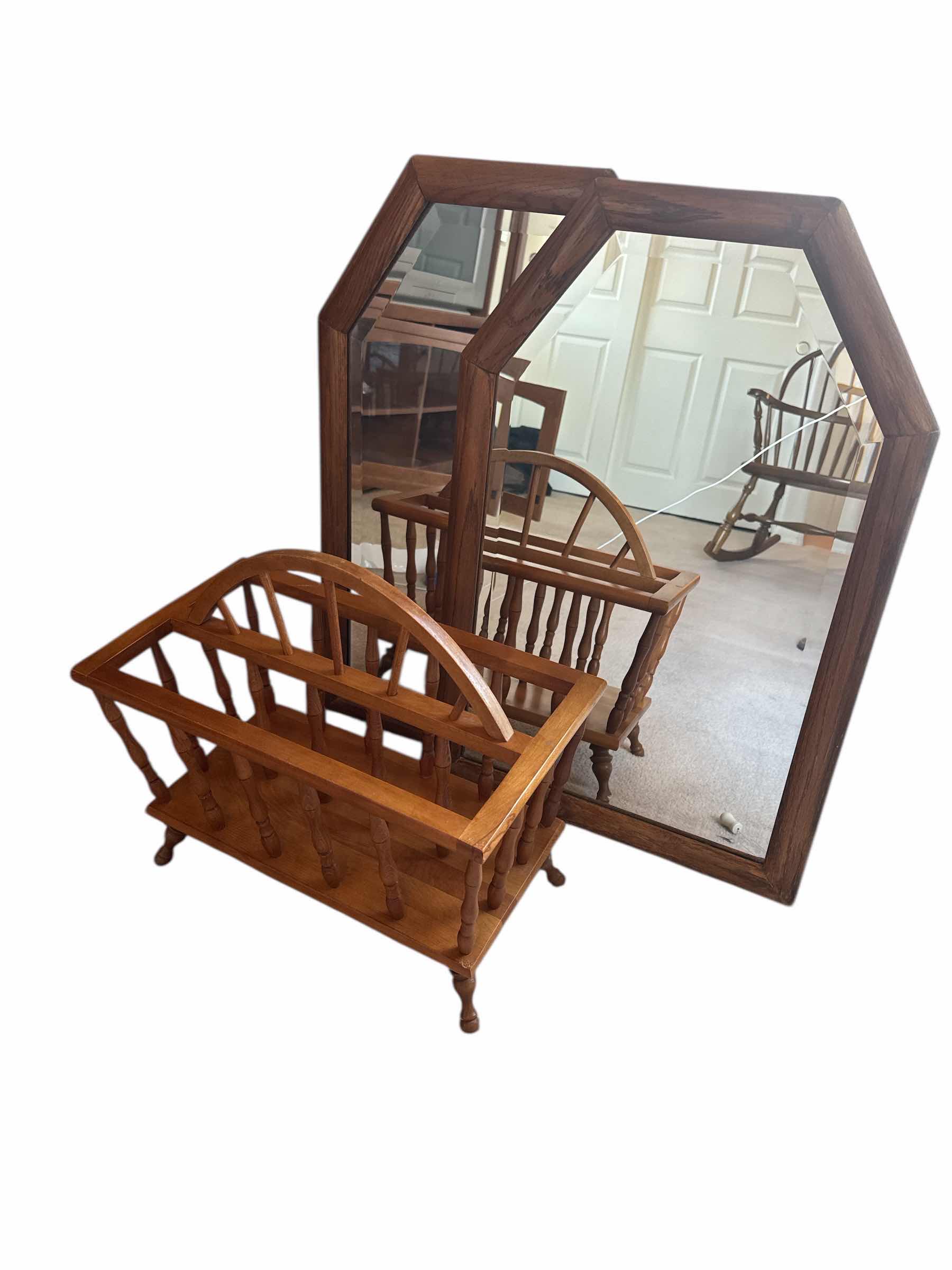 Photo 1 of 2 WOOD BEVELED EDGE MIRRORS 19“ x 29“ & WOOD MAGAZINE RACK