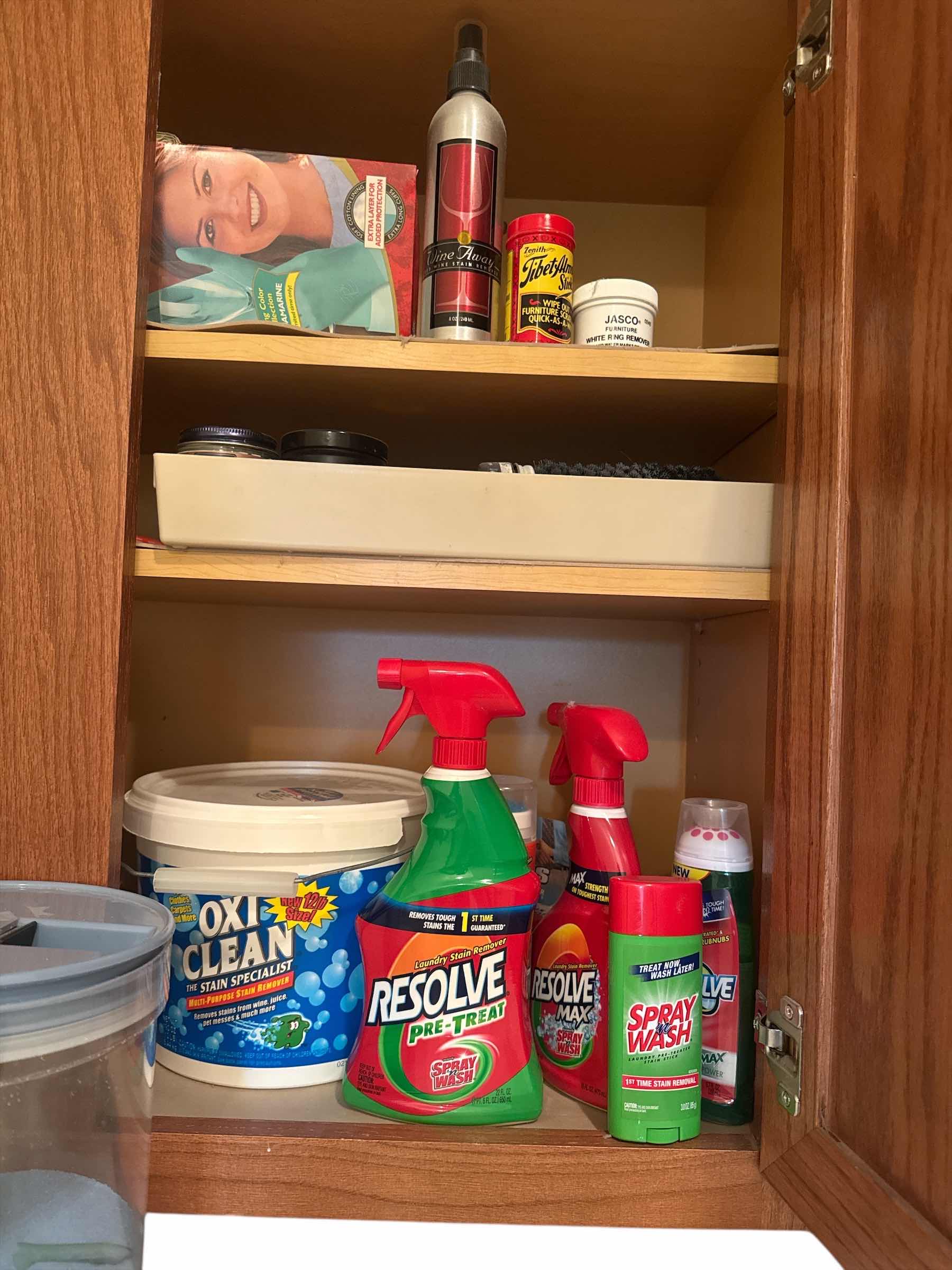 Photo 1 of CONTENTS OF CABINET: ORECK VACUUM BAGS, LAUNDRY SOAP, BLEACH