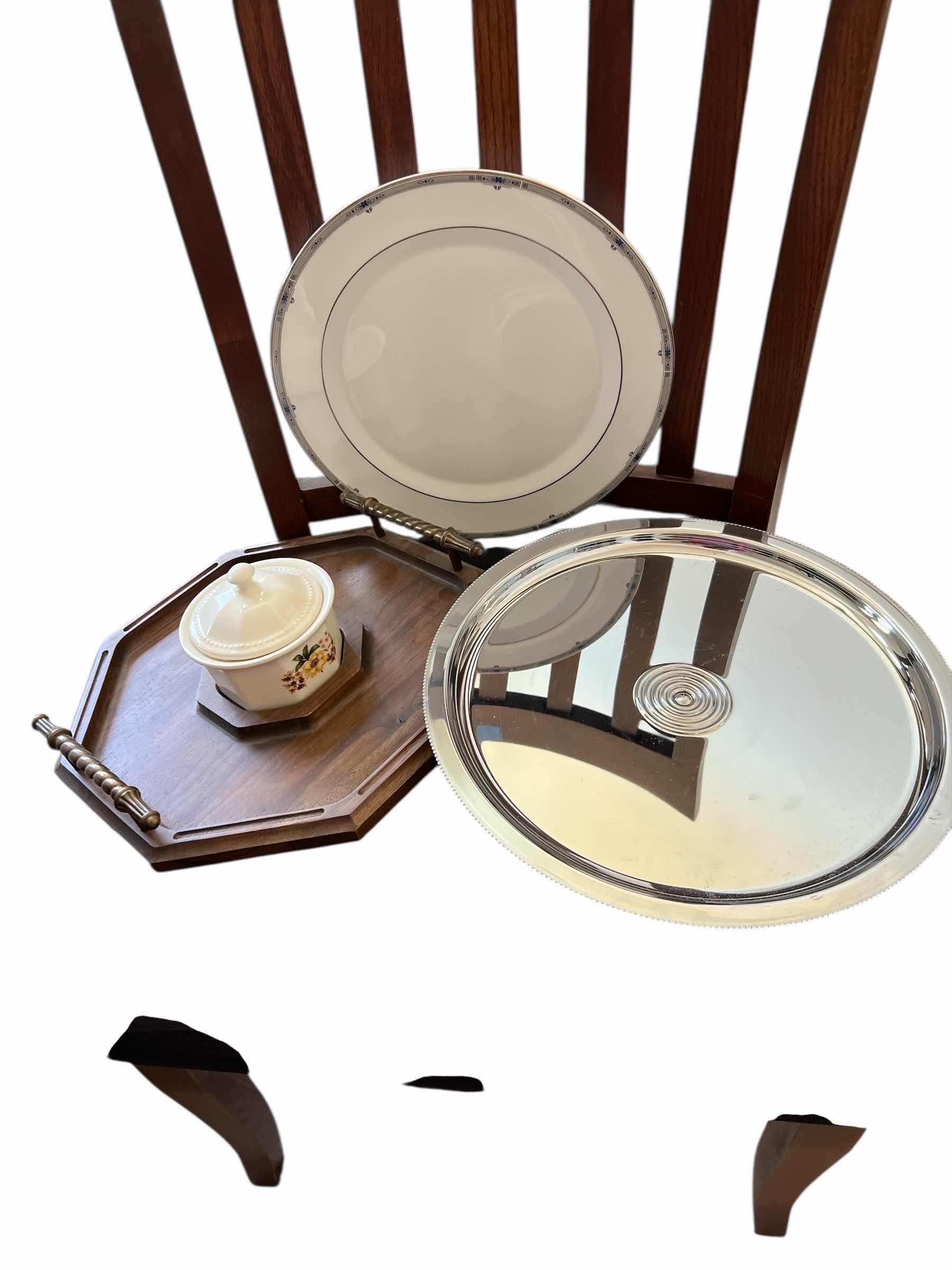 Photo 1 of LAZY SUSAN WITH BOWL, FOOTED SILVER TRAY AND CHINA PLATE