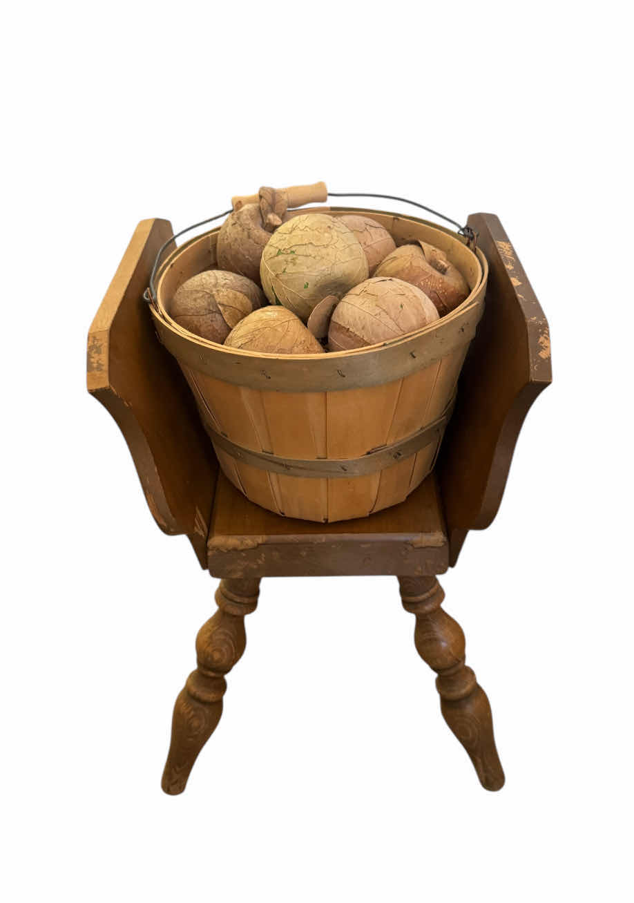 Photo 1 of 170
VINTAGE WOODEN STAND AND FAUX APPLE BASKET.
STAND
10.5” X 9.5” X H18”