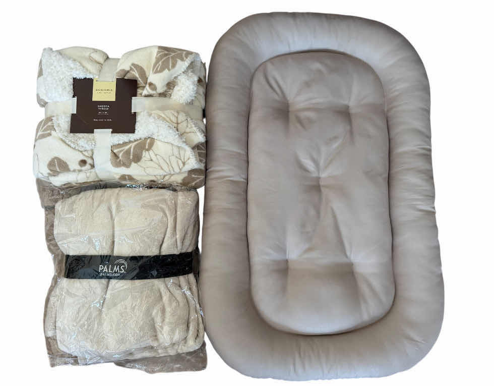Photo 1 of 50
DOG/CAT BED AND 2 NEW THROW BLANKETS. PET ESSENTIALS. TAN/BROWN
DOG/CAT BED
23” X 36” X H3”