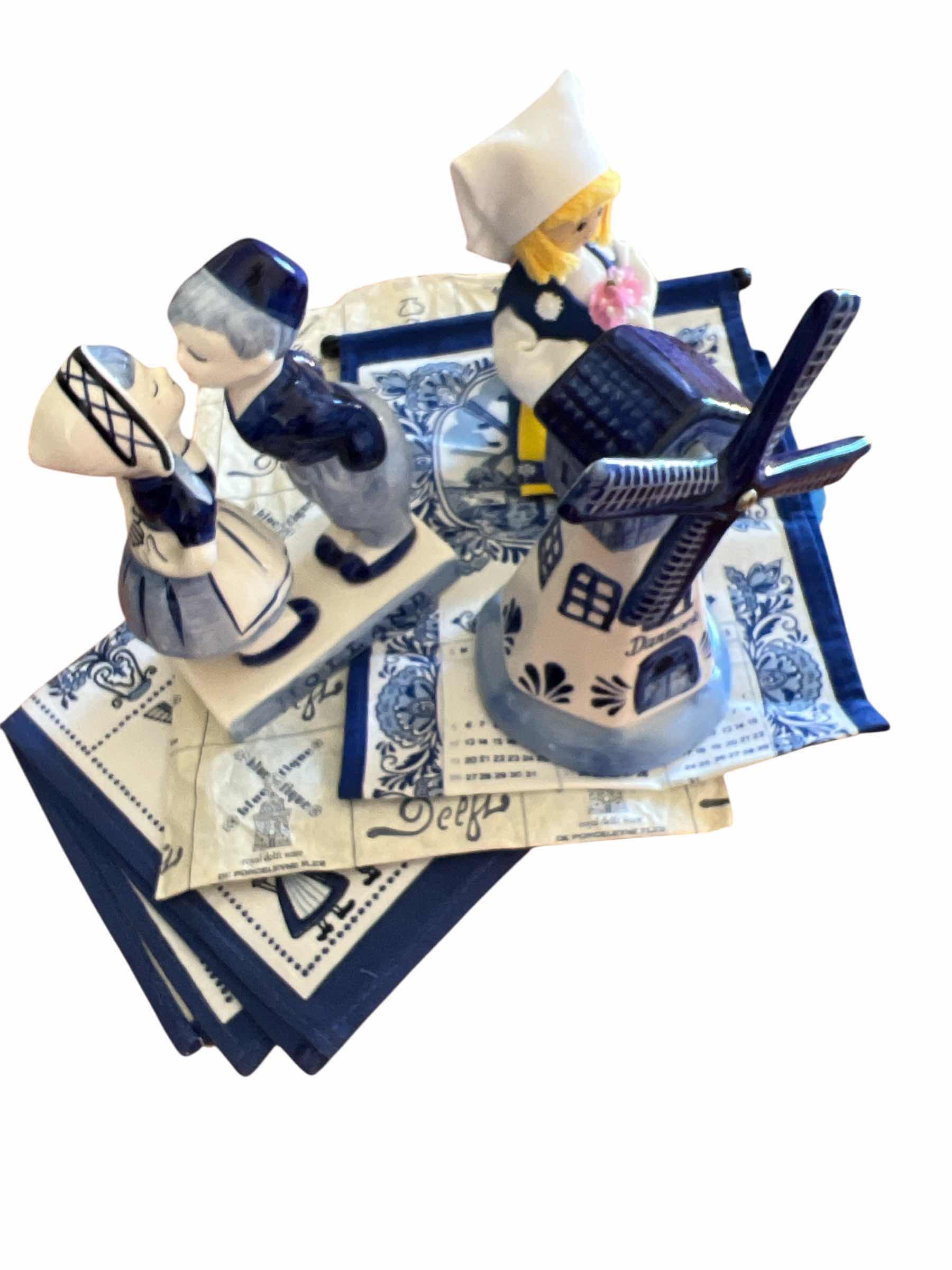 Photo 1 of BLUE AND WHITE DUTCH POTTERY FIGURINES AND LINEN