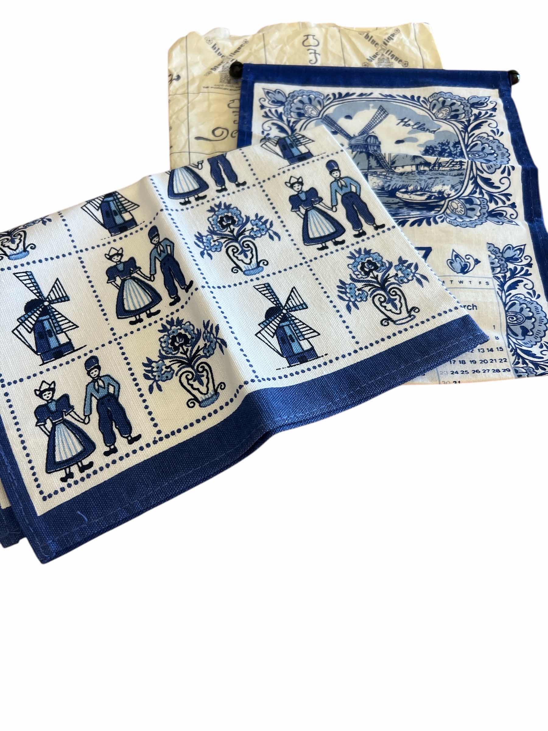 Photo 1 of BLUE AND WHITE DUTCH POTTERY FIGURINES AND LINEN