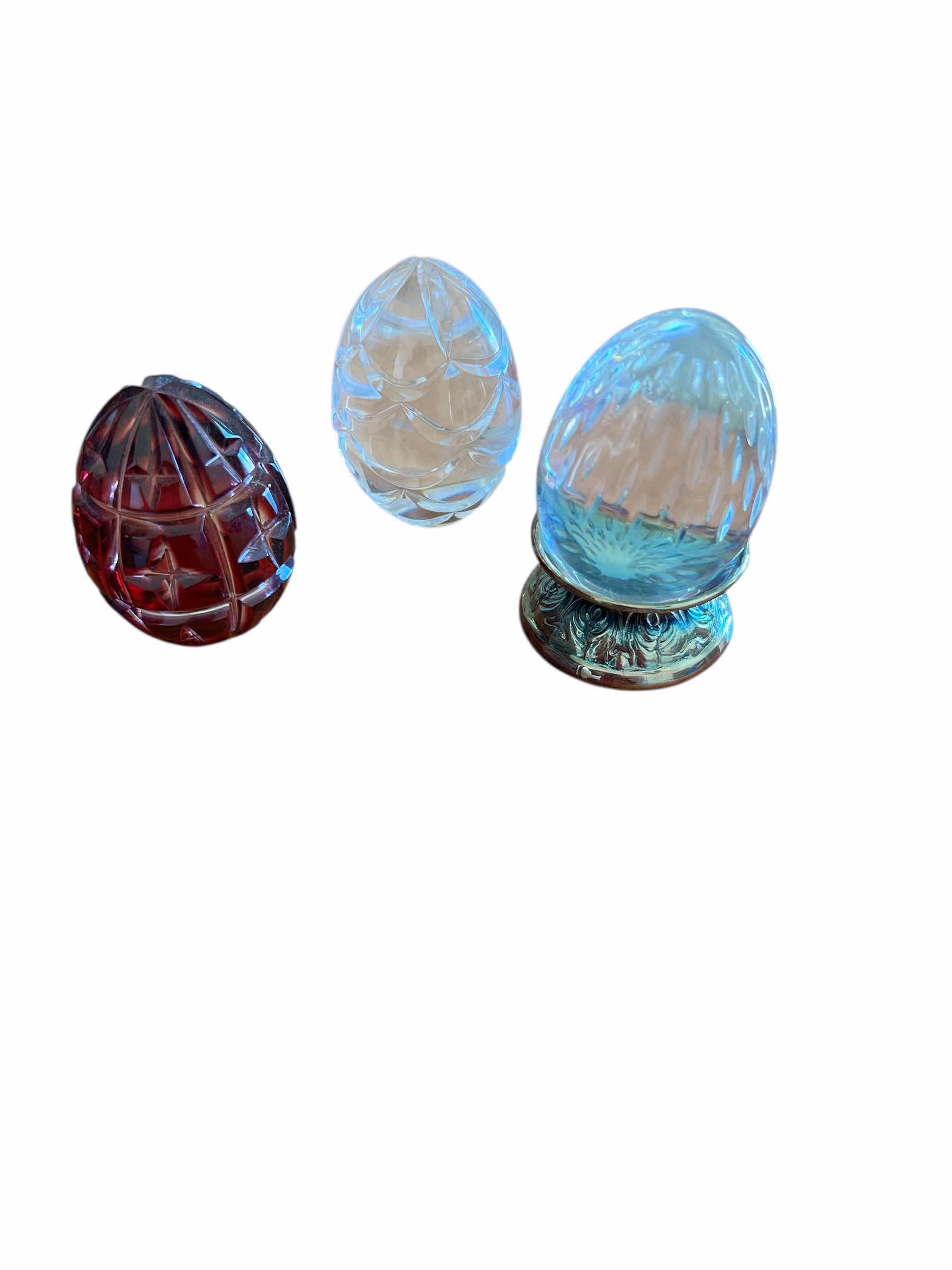 Photo 1 of LOT OF THREE CUT GLASS ARTIST EGGS - 2 ARE FABERGE - APPROX. 2.5”