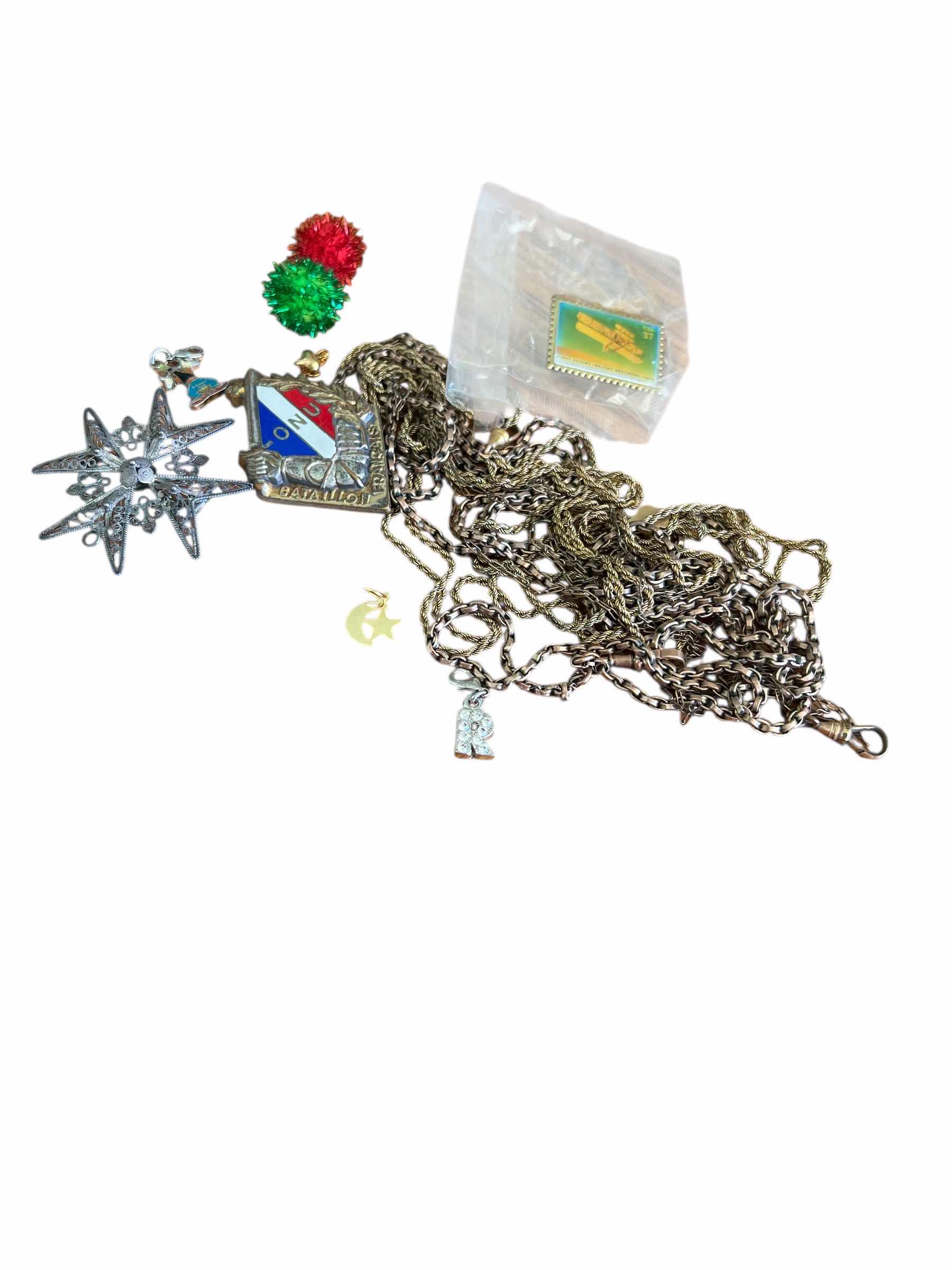Photo 1 of LOT OF JEWELRY COSTUME VINTAGE JEWELRY - MILITARY PIN - MICKEY MOUSE CHARM, CHAINS AND “R” CHARM AND MORE