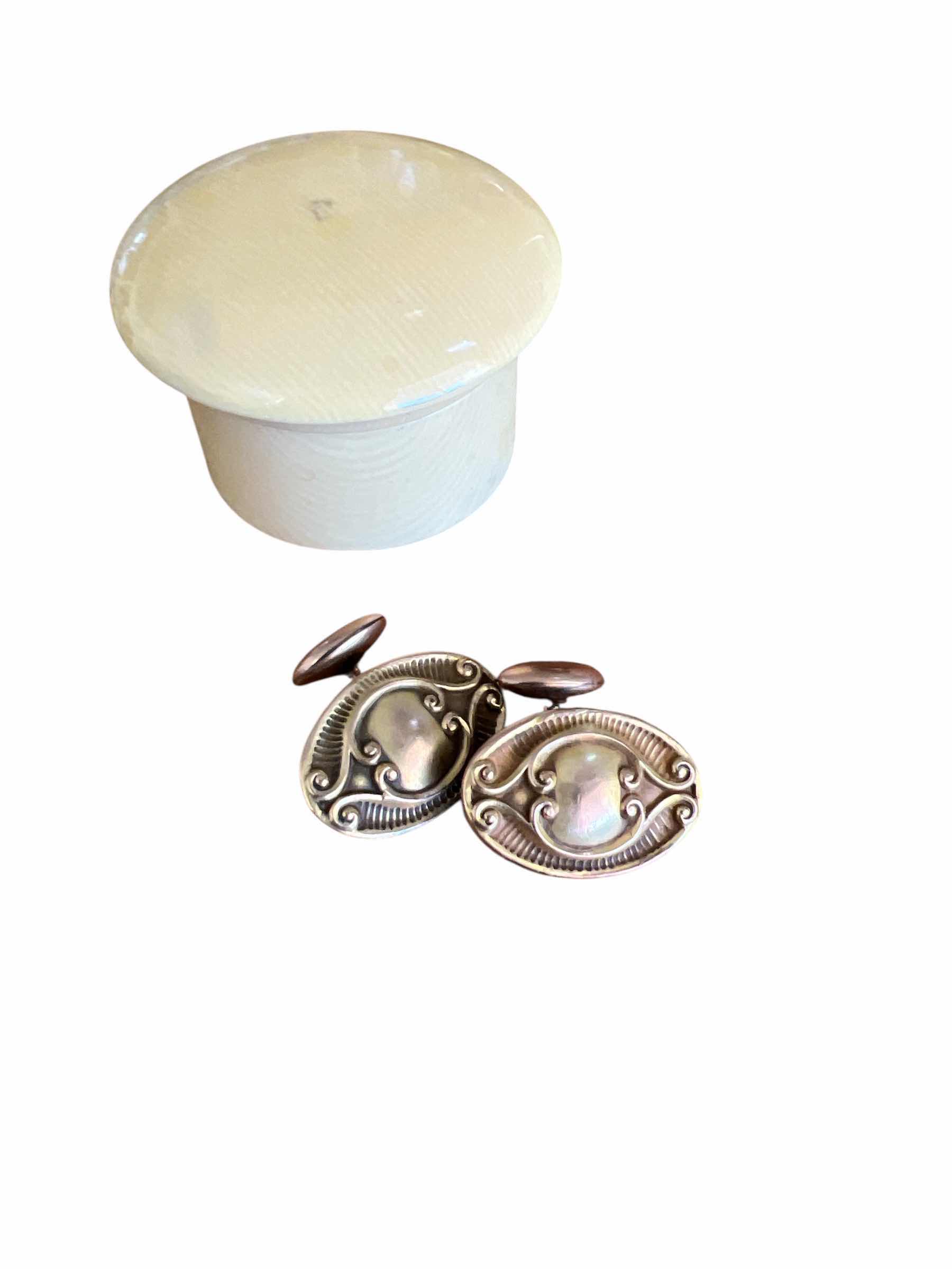 Photo 1 of SMALL BAKELITE RING BOX WITH VINTAGE CLIP-ON EARRINGS, TIE TACKS MICKEY MOUSE CHARMS AND MORE