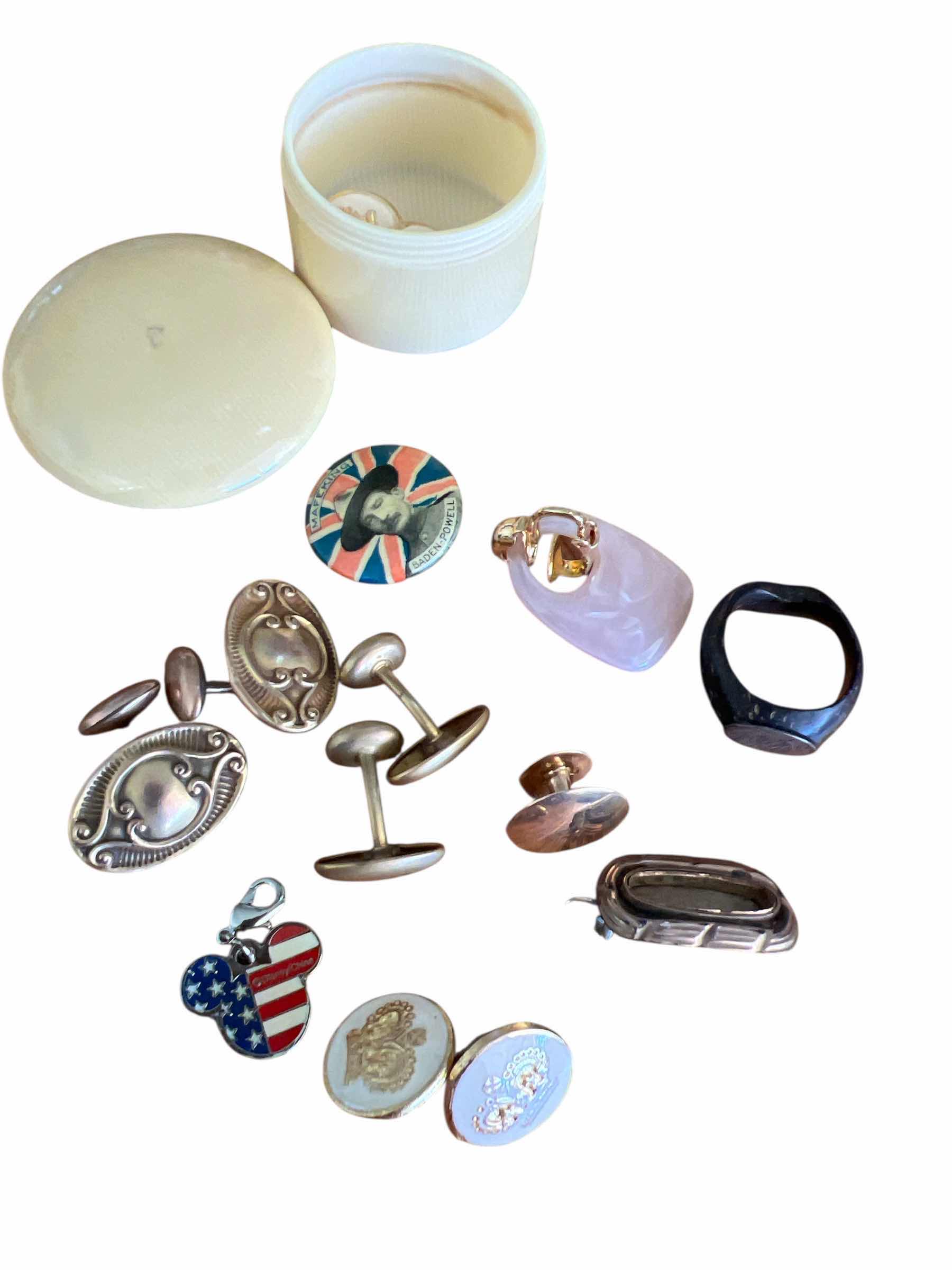 Photo 1 of SMALL BAKELITE RING BOX WITH VINTAGE CLIP-ON EARRINGS, TIE TACKS MICKEY MOUSE CHARMS AND MORE