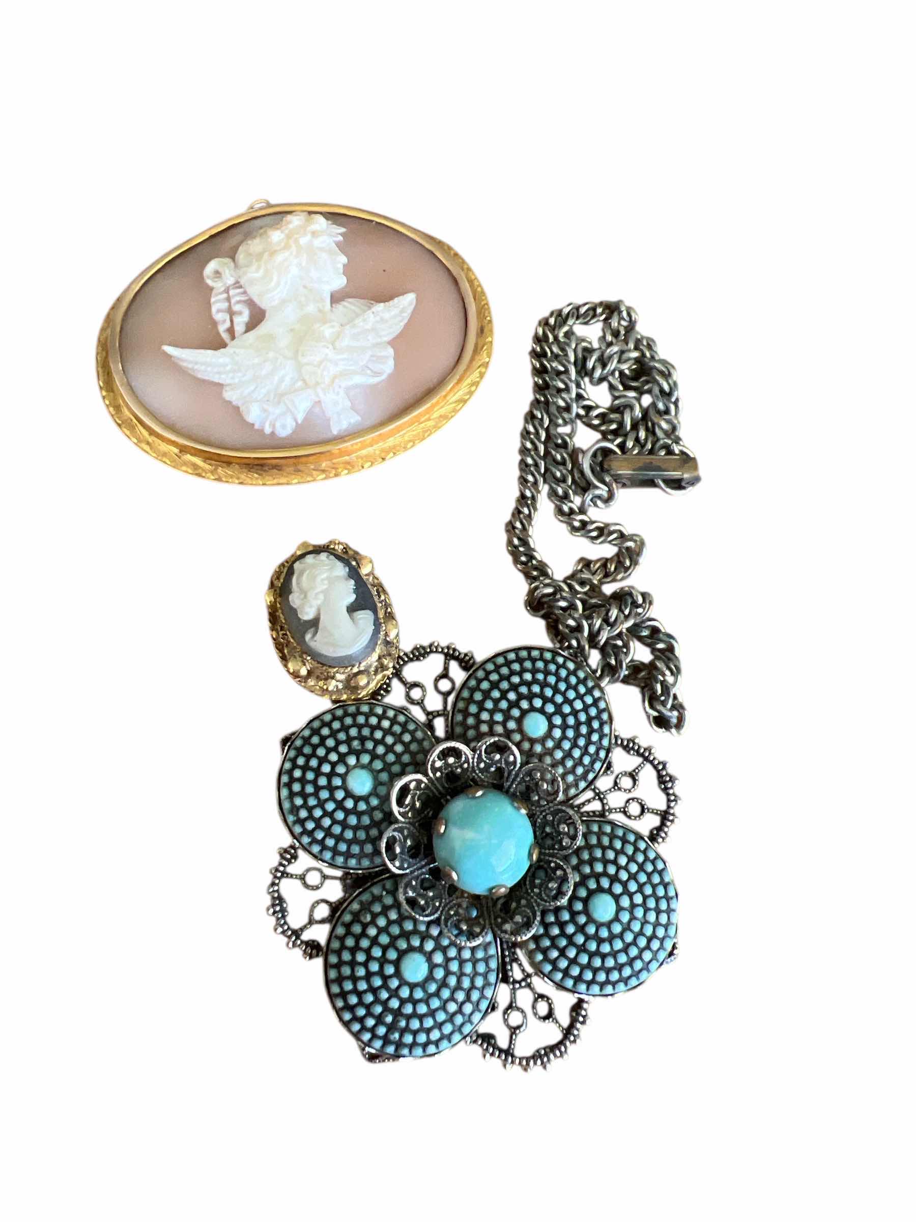 Photo 1 of LOT: TWO CAMEO BROACHES AND ART DECCO PENDANT AND CHAIN