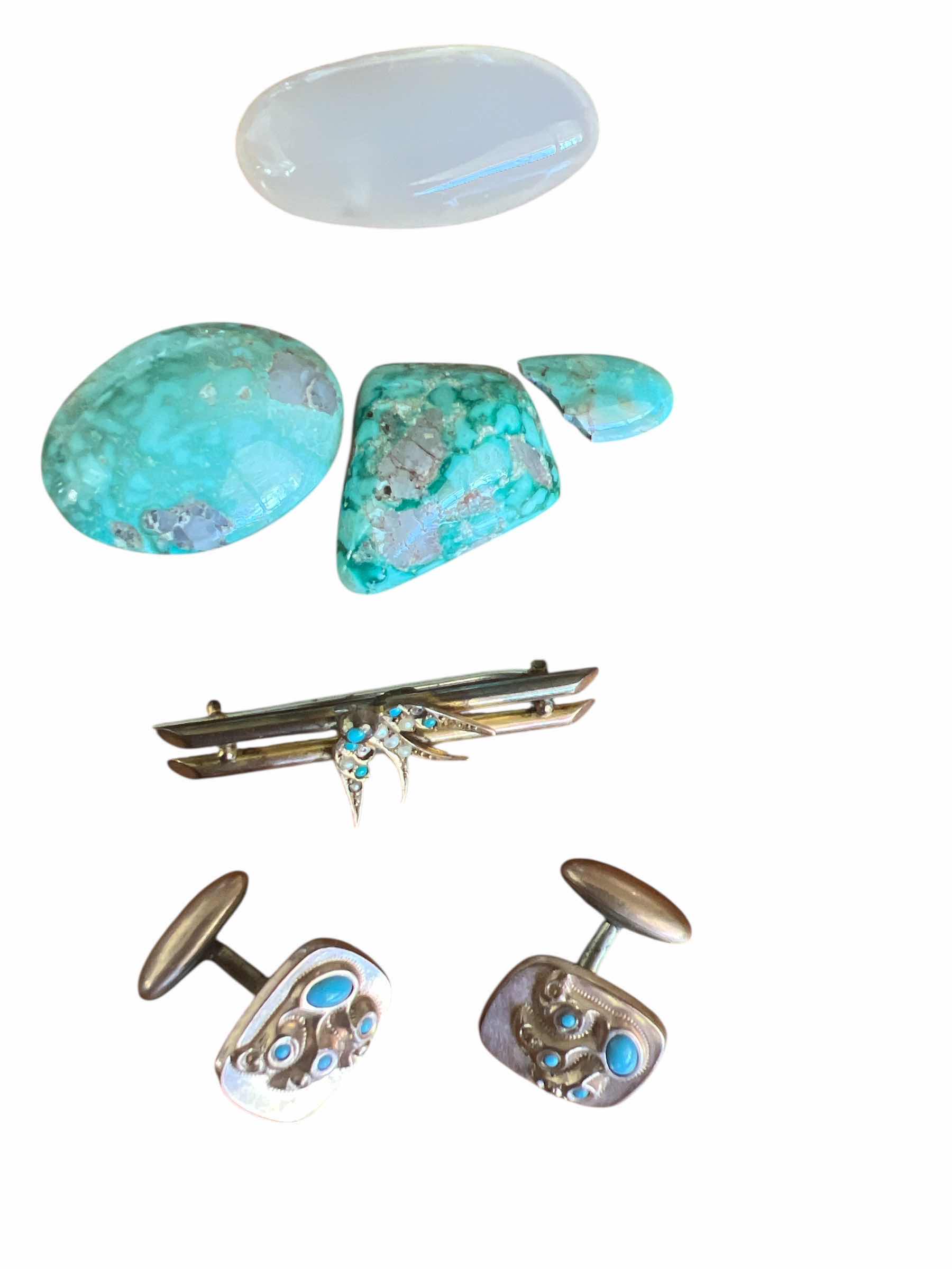Photo 1 of LOT OF VINTAGE TURQUOISE ITEMS - GOLD AND TURQUOISE CUFF LINKS, TIE TACK AND 3 PIECES OF ARIZONA TURQUOISE