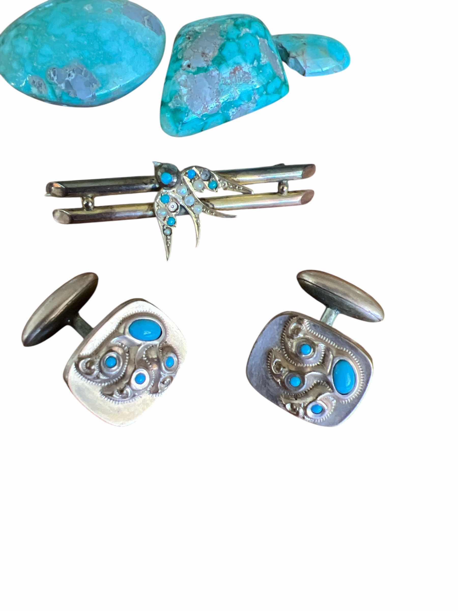 Photo 1 of LOT OF VINTAGE TURQUOISE ITEMS - GOLD AND TURQUOISE CUFF LINKS, TIE TACK AND 3 PIECES OF ARIZONA TURQUOISE