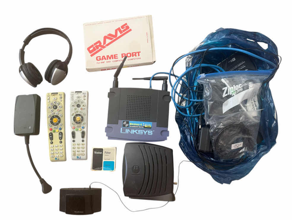 Photo 1 of 120
VINTAGE ASSORTED BOX OF CABLES, MULTIPORT, EXTENSION CORDS, IBM GRAVIS GAME PORT, REMOTES, CISCO LINKYS WIRELESS, CAMERA LENSE FILTER, HEADPHONES