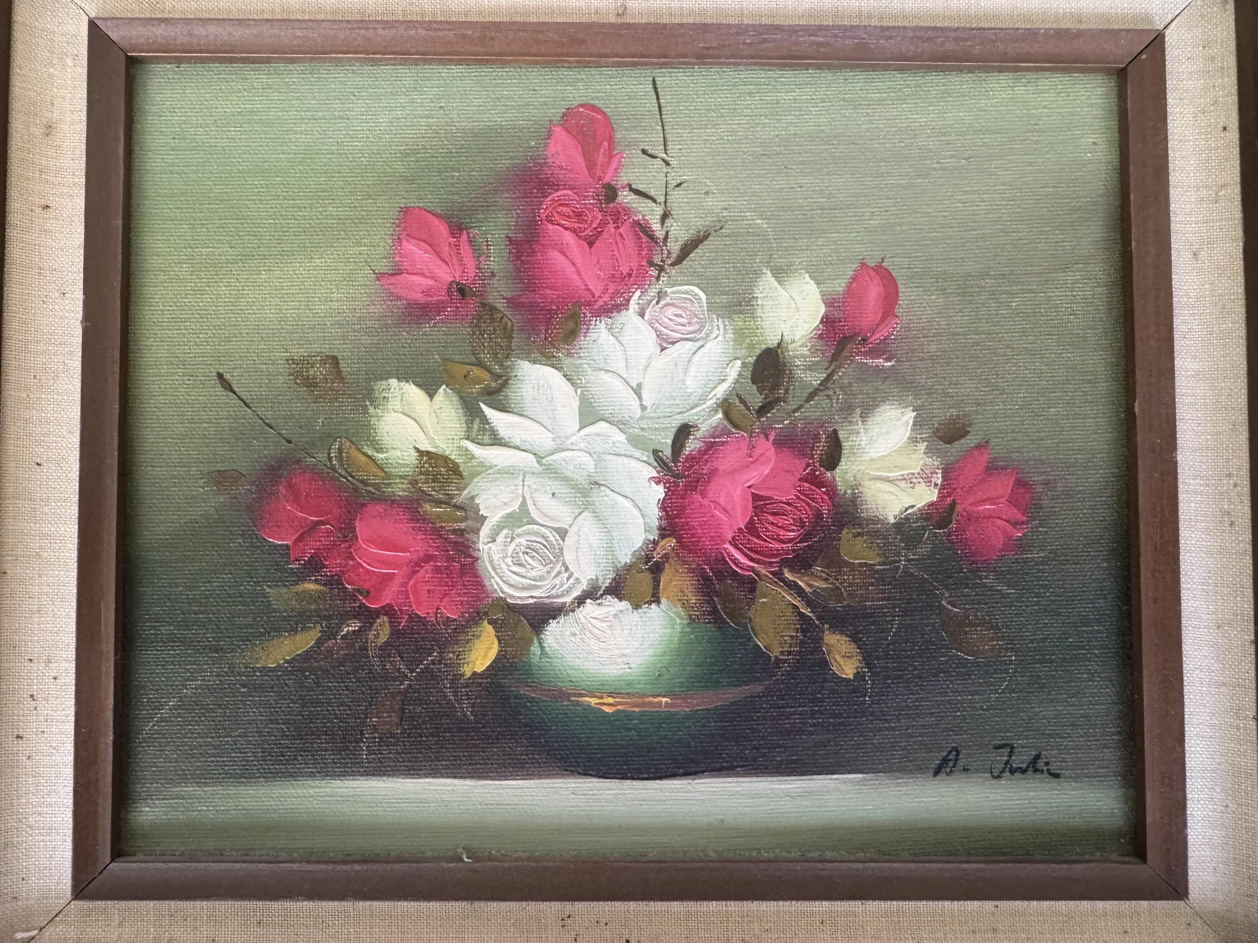 Photo 1 of 55
VINTAGE WOOD FRAMED ROSES IN VASE OIL PAINTING ON CANVAS, SIGNED
16” X 18” X H1”