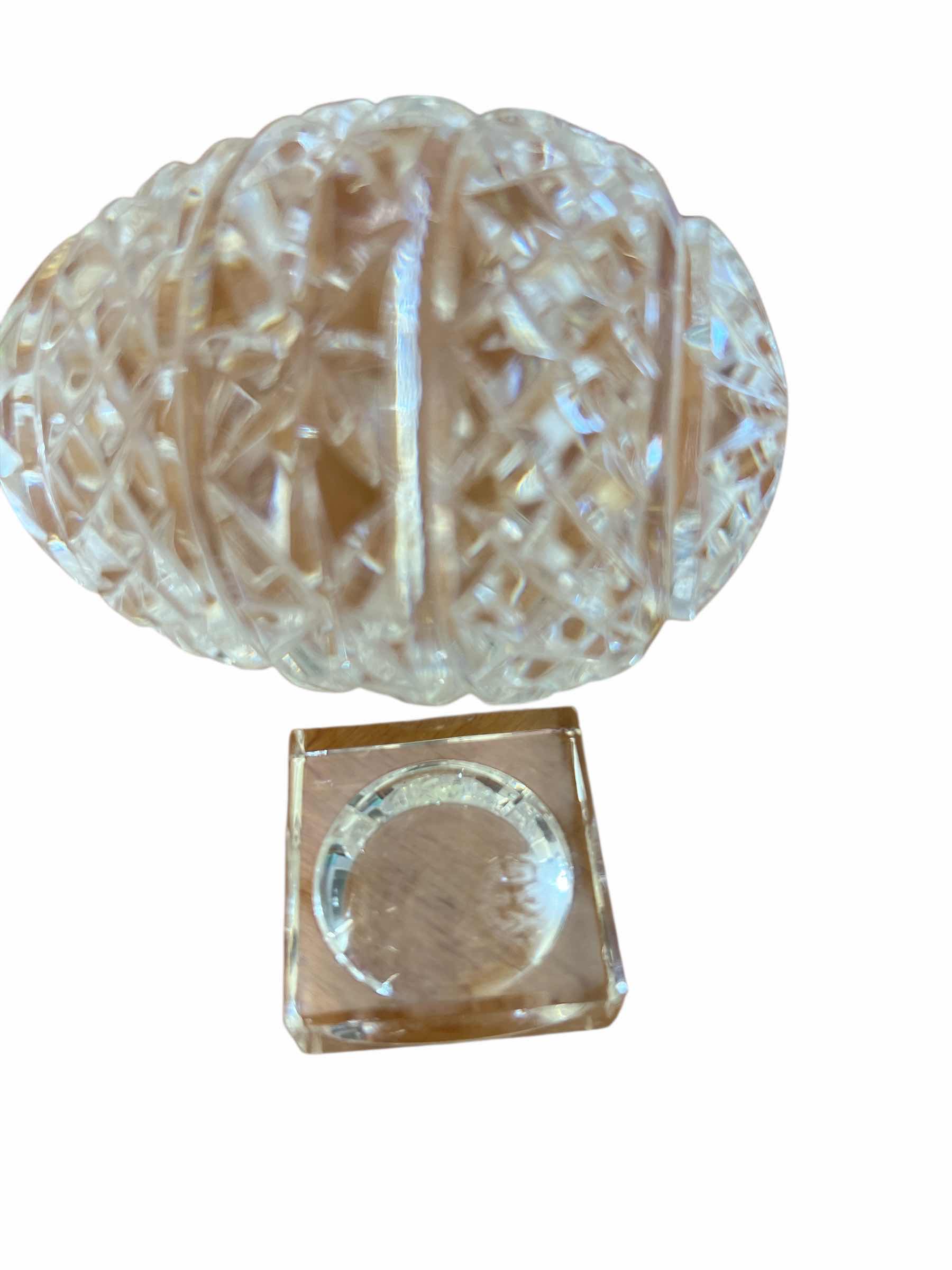 Photo 1 of LOT OF THREE - ART EGGS : ONE IS A LARGE CRYSTAL BACCARAT CRYSTAL EGG, ONE IS A VINTAGE WTCHED SILVER WGG AND THE THIRD IS A  NATURAL STONE