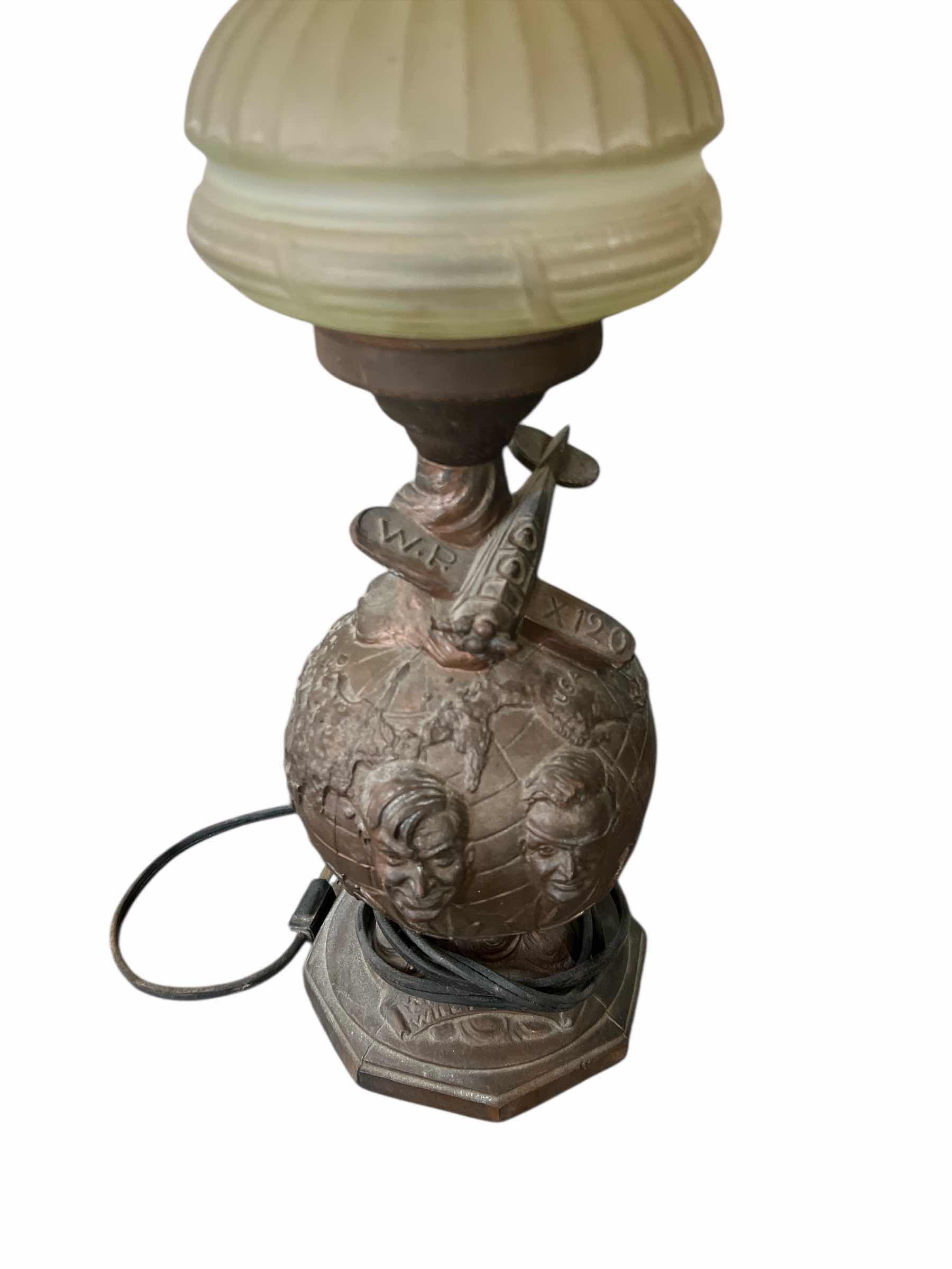 Photo 1 of $350 WILL ROGERS WILEY POST LAMP - VINTAGE 1930s - RAIAED RLEIF METAL NASE FEATURING ROGERS AND POST AND A BIPLANE - FROST GLASS GLOBE -  ELECTRIC LAMP