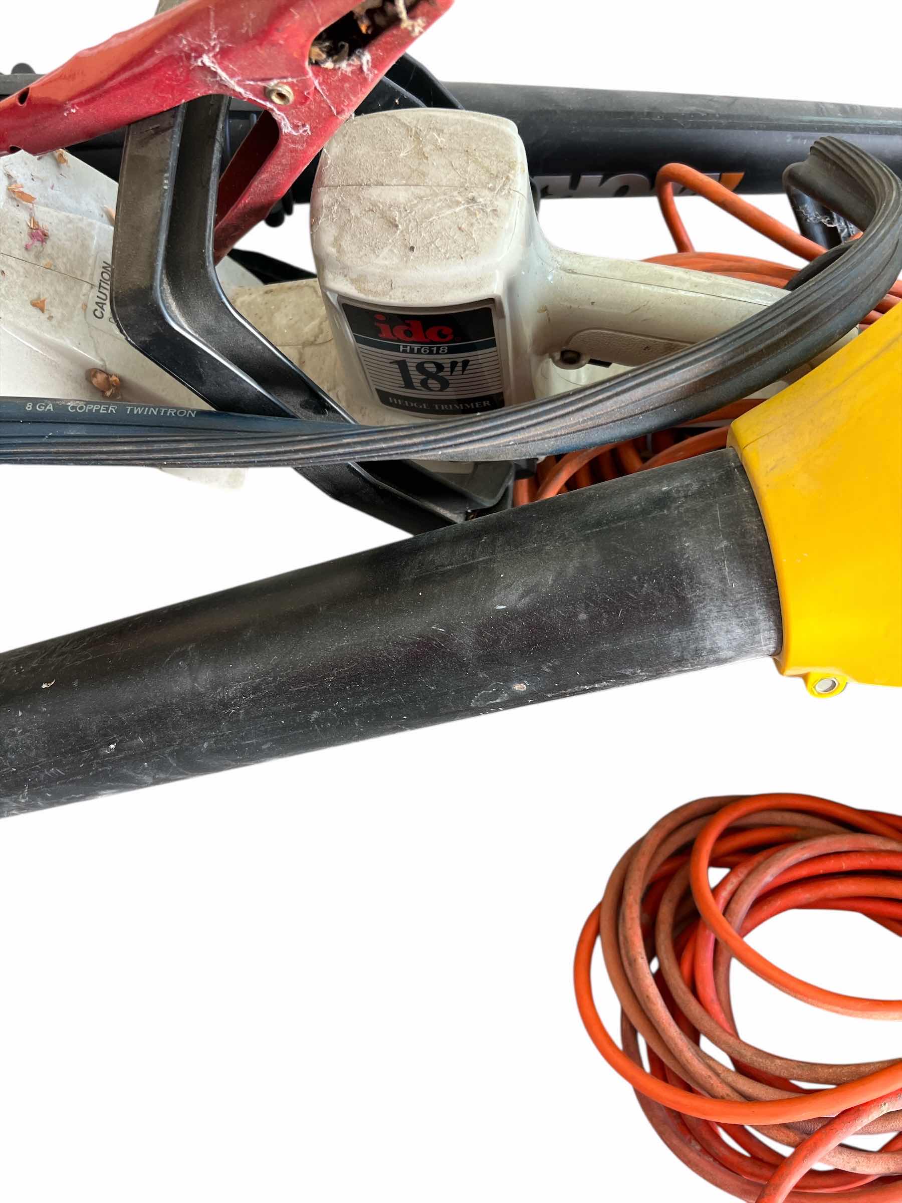 Photo 1 of LOT OF CORDED GARDEN TOOLS - IDO 18” HEDGER. - WEED EATER HOME AND YARD VAC AND IWORX LEAF BLOWER AND JUMPER CABLES