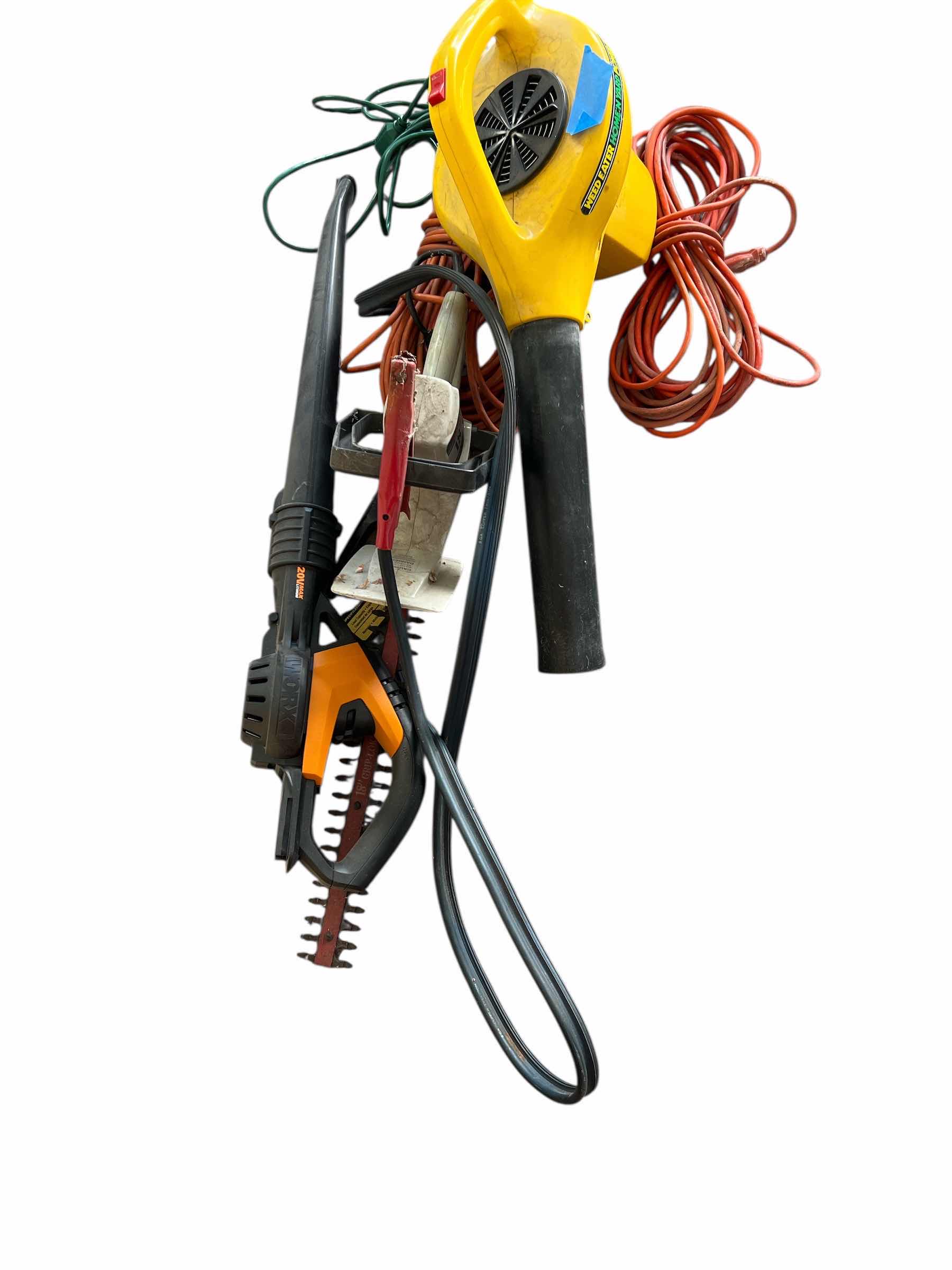 Photo 1 of LOT OF CORDED GARDEN TOOLS - IDO 18” HEDGER. - WEED EATER HOME AND YARD VAC AND IWORX LEAF BLOWER AND JUMPER CABLES
