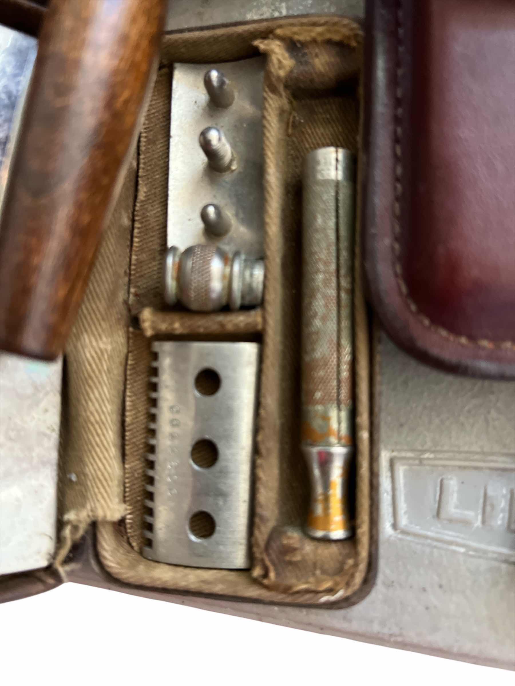 Photo 1 of LOT: BONE HANDLE KNIFE, TABACO TIN, MASONIC TROWEL, METAL INCENSE HOLDER AMD MATCHING TRAY AND MORE