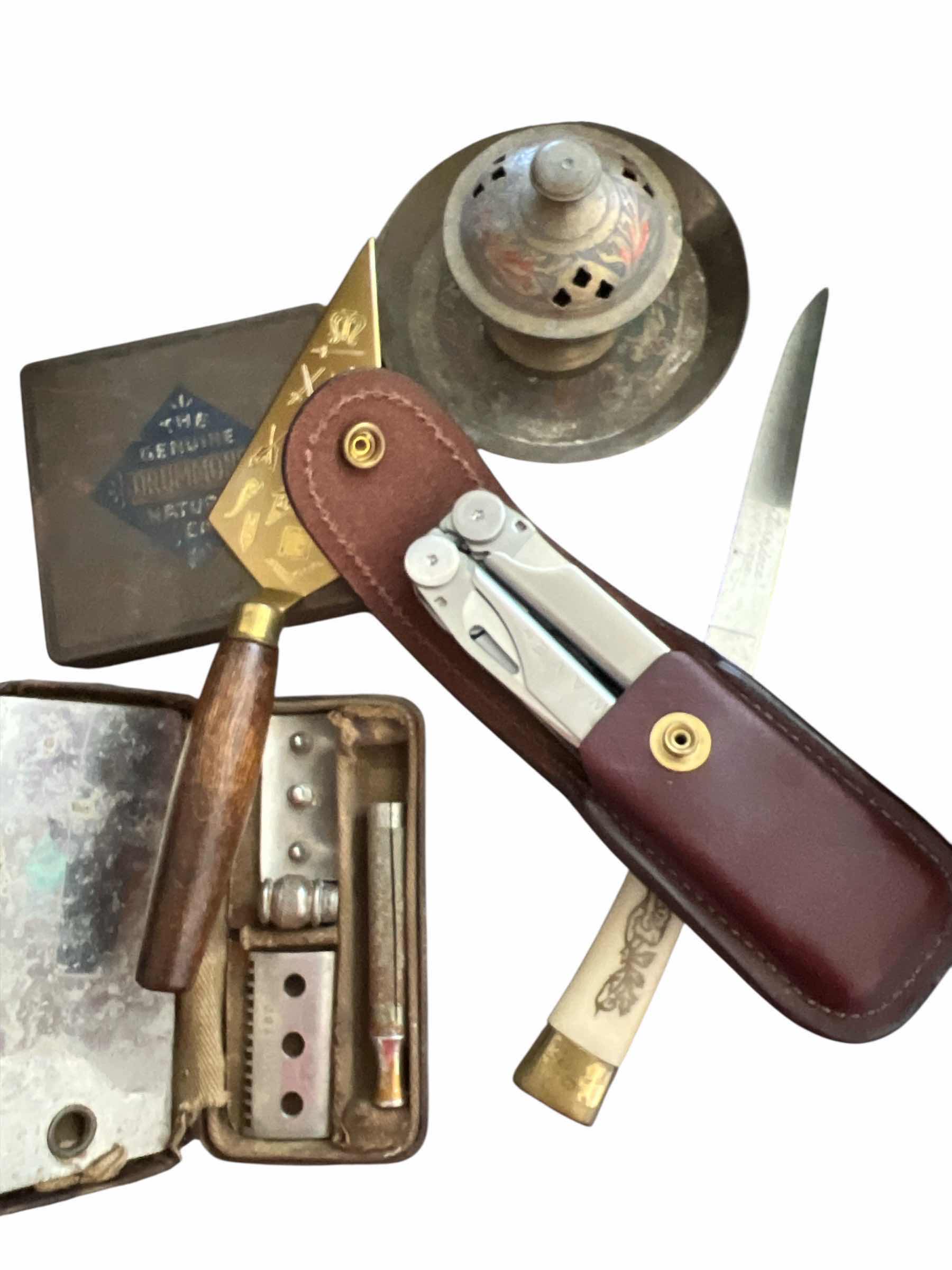 Photo 1 of LOT: BONE HANDLE KNIFE, TABACO TIN, MASONIC TROWEL, METAL INCENSE HOLDER AMD MATCHING TRAY AND MORE