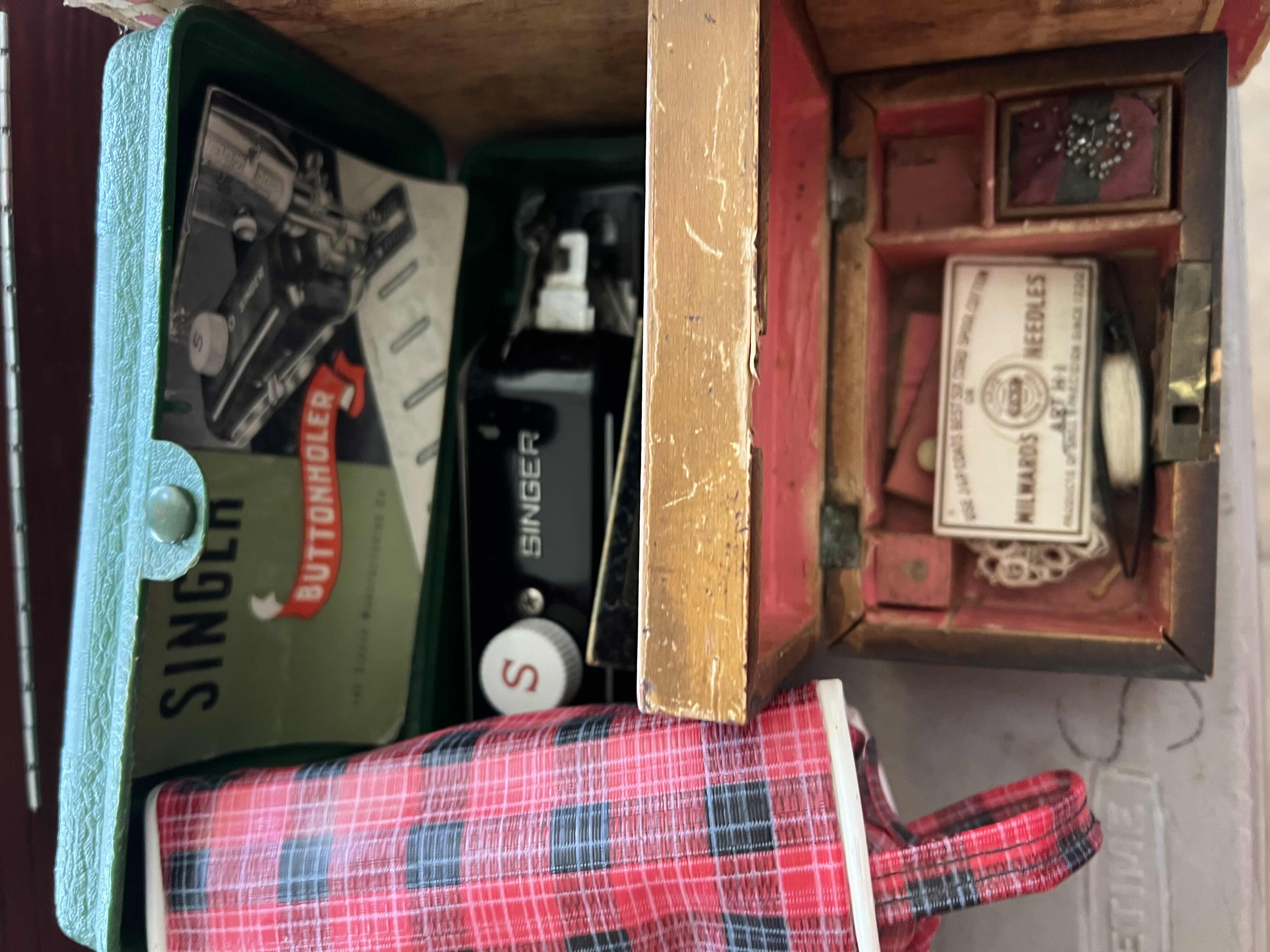 Photo 1 of SINGER ANTIQUE BUTTONHOLER, MENS TOILETRY BAG AND ANTIQUE RUSTIC SEWING KIT