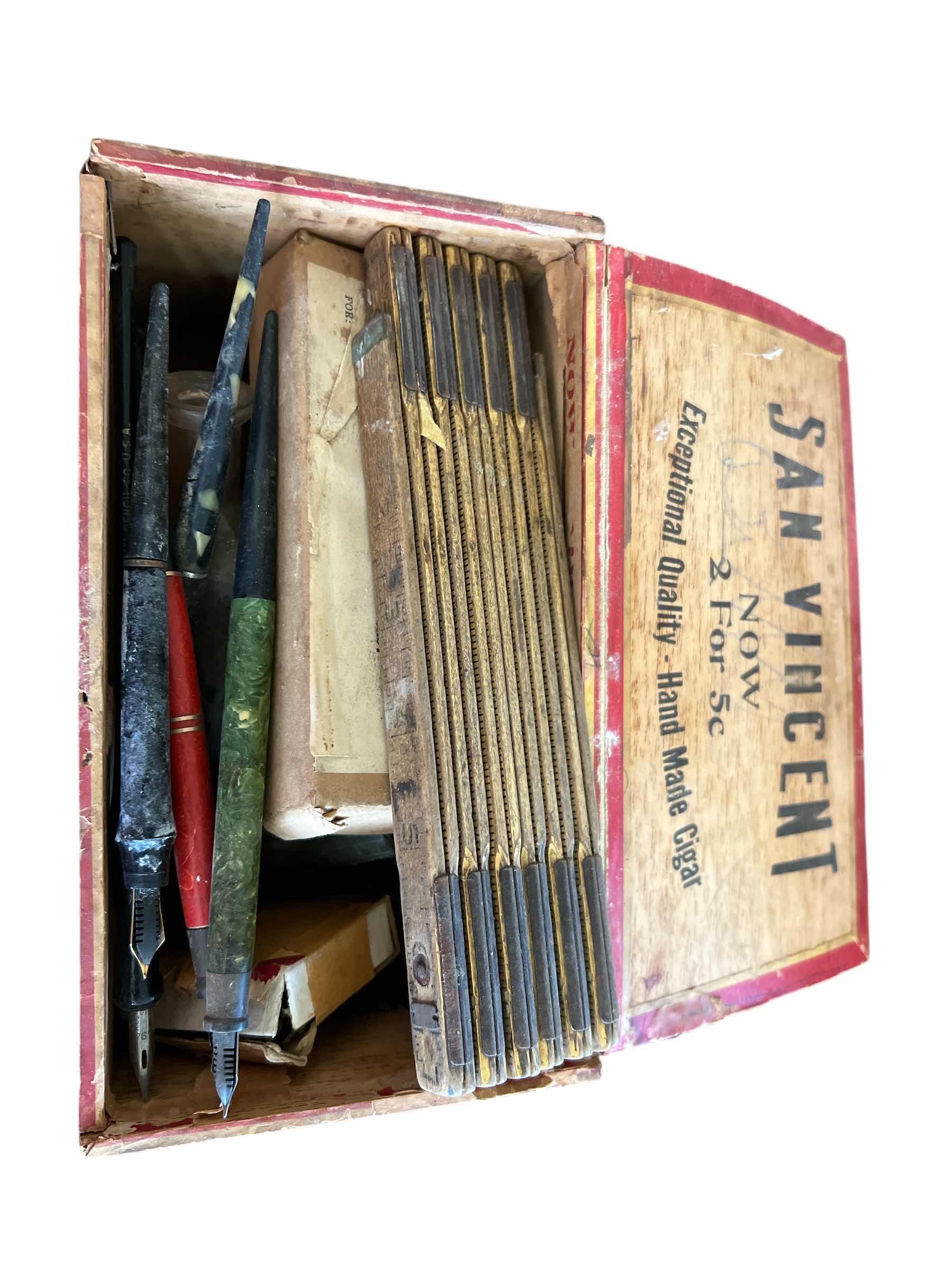 Photo 1 of LOT OF ANTIQUE RUSTIC ITEMS INCLUDING SAN VICENT CIGAR BOX, CRYSTAL WHITE BAR OF SOAP,  5ANTIUE FOUNTAIN PENS, ANTIQUE FOLDING YARD STICK AND MORE