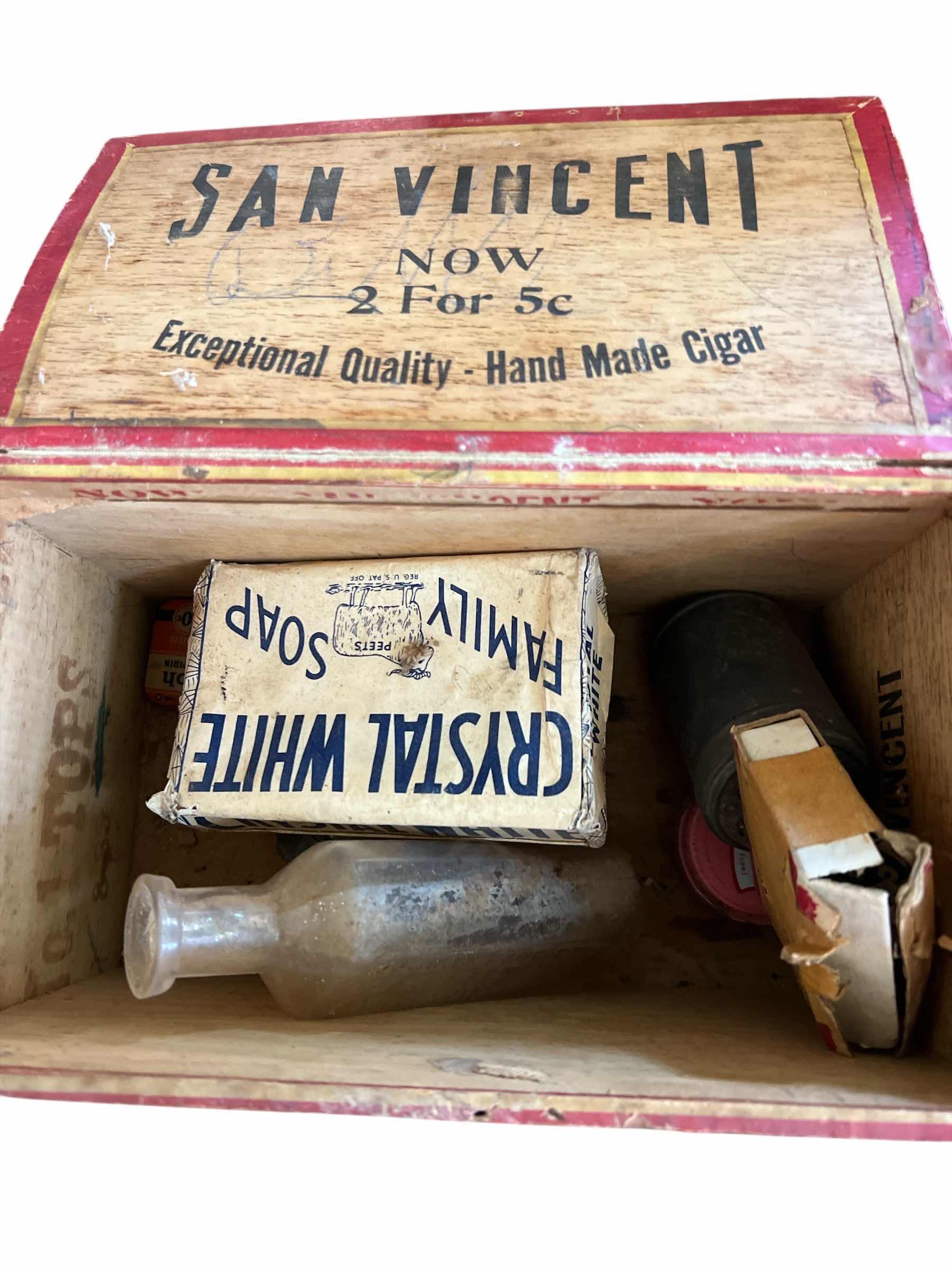 Photo 1 of LOT OF ANTIQUE RUSTIC ITEMS INCLUDING SAN VICENT CIGAR BOX, CRYSTAL WHITE BAR OF SOAP,  5ANTIUE FOUNTAIN PENS, ANTIQUE FOLDING YARD STICK AND MORE