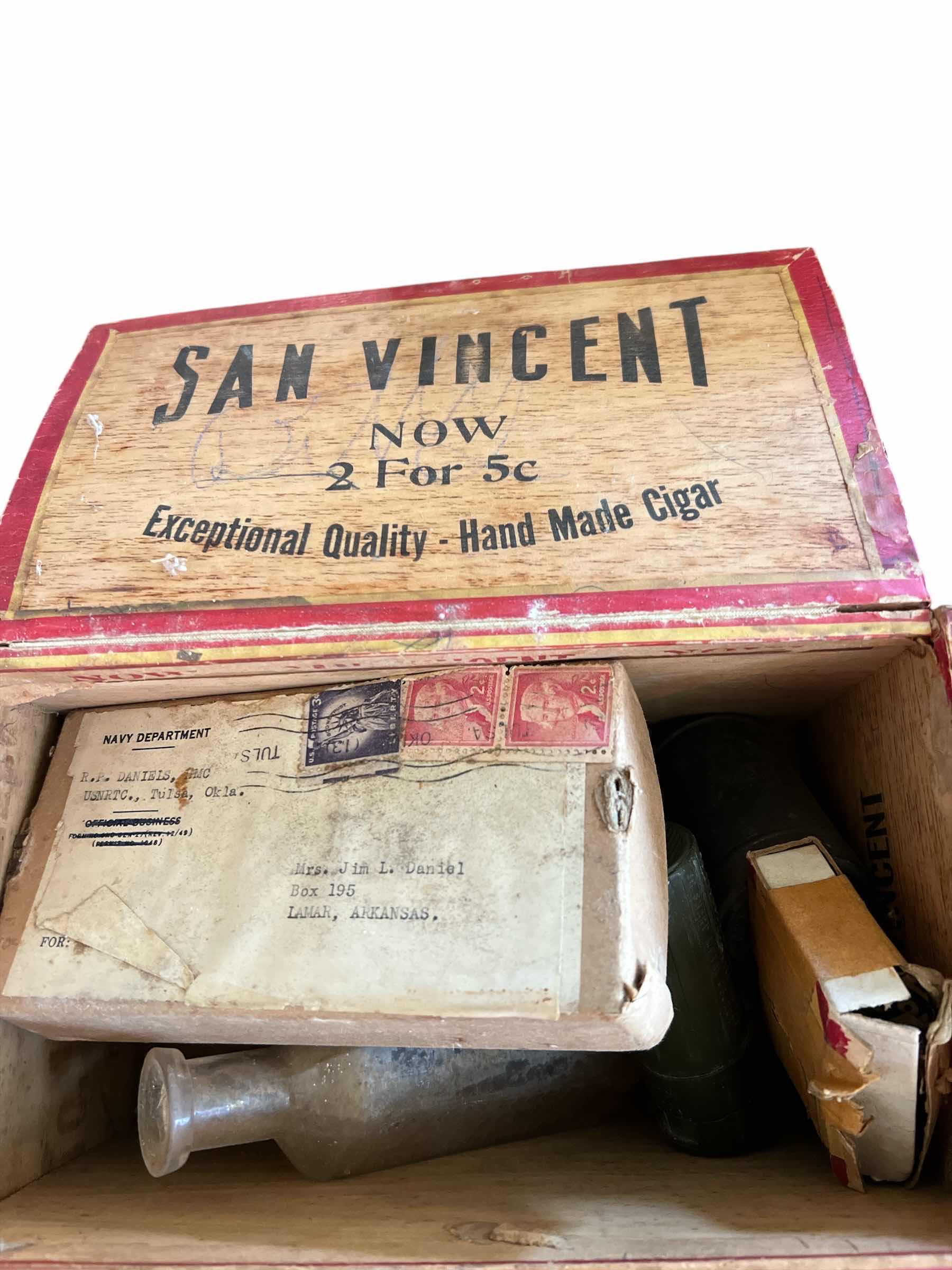 Photo 1 of LOT OF ANTIQUE RUSTIC ITEMS INCLUDING SAN VICENT CIGAR BOX, CRYSTAL WHITE BAR OF SOAP,  5ANTIUE FOUNTAIN PENS, ANTIQUE FOLDING YARD STICK AND MORE