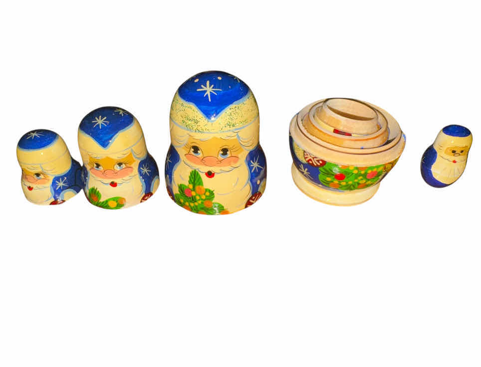 Photo 1 of 200
VINTAGE RUSSIAN NESTING DOLL SANTA CLAUSE, SOCK MONKEY, BEAR, DOG, CAT, ASSORTED TOYS, COLLECTABLE, TOY COLLECTION, WOODEN AND METAL TOYS

NESTING/RUSSIAN DOLL
H3.5”