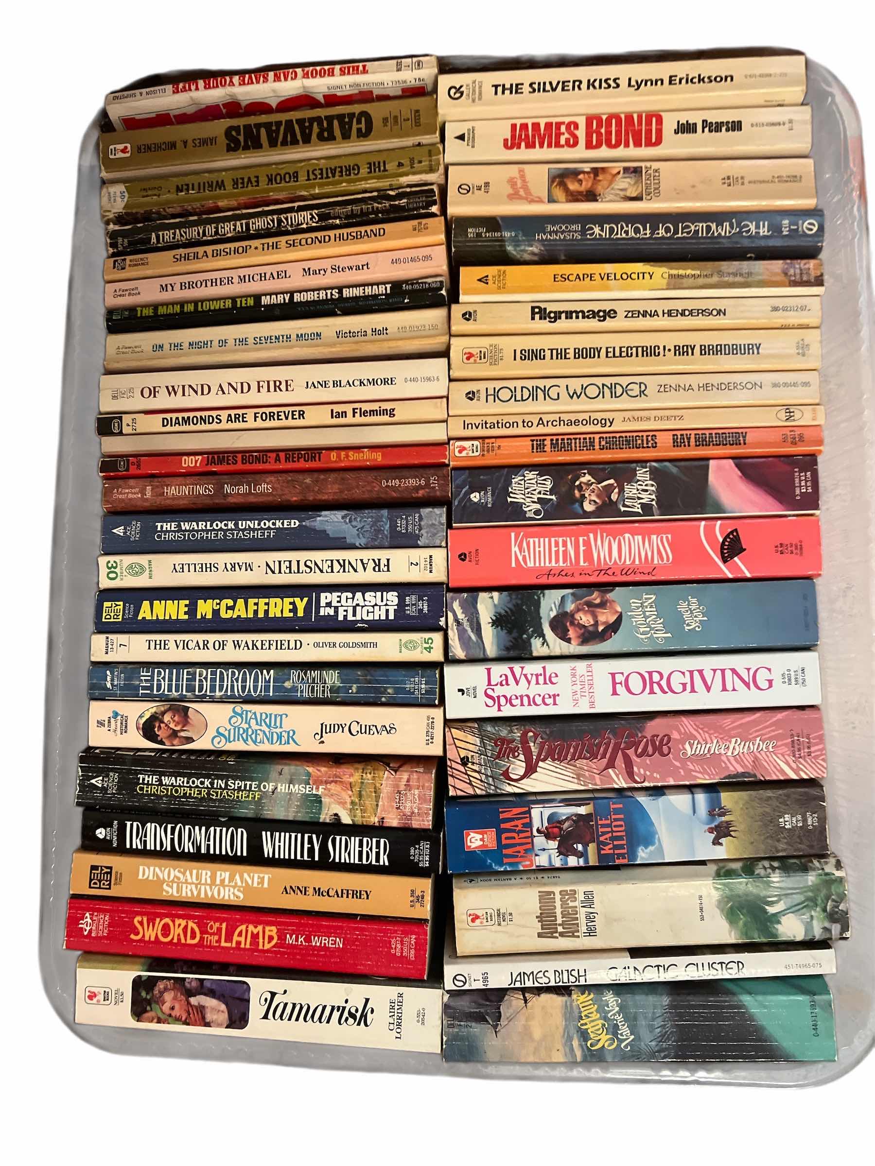Photo 1 of PLASTIC TRAY OF PAPERBACK BOOKS - ROMANCE AND HISTORICAL NOVELS AND MORE