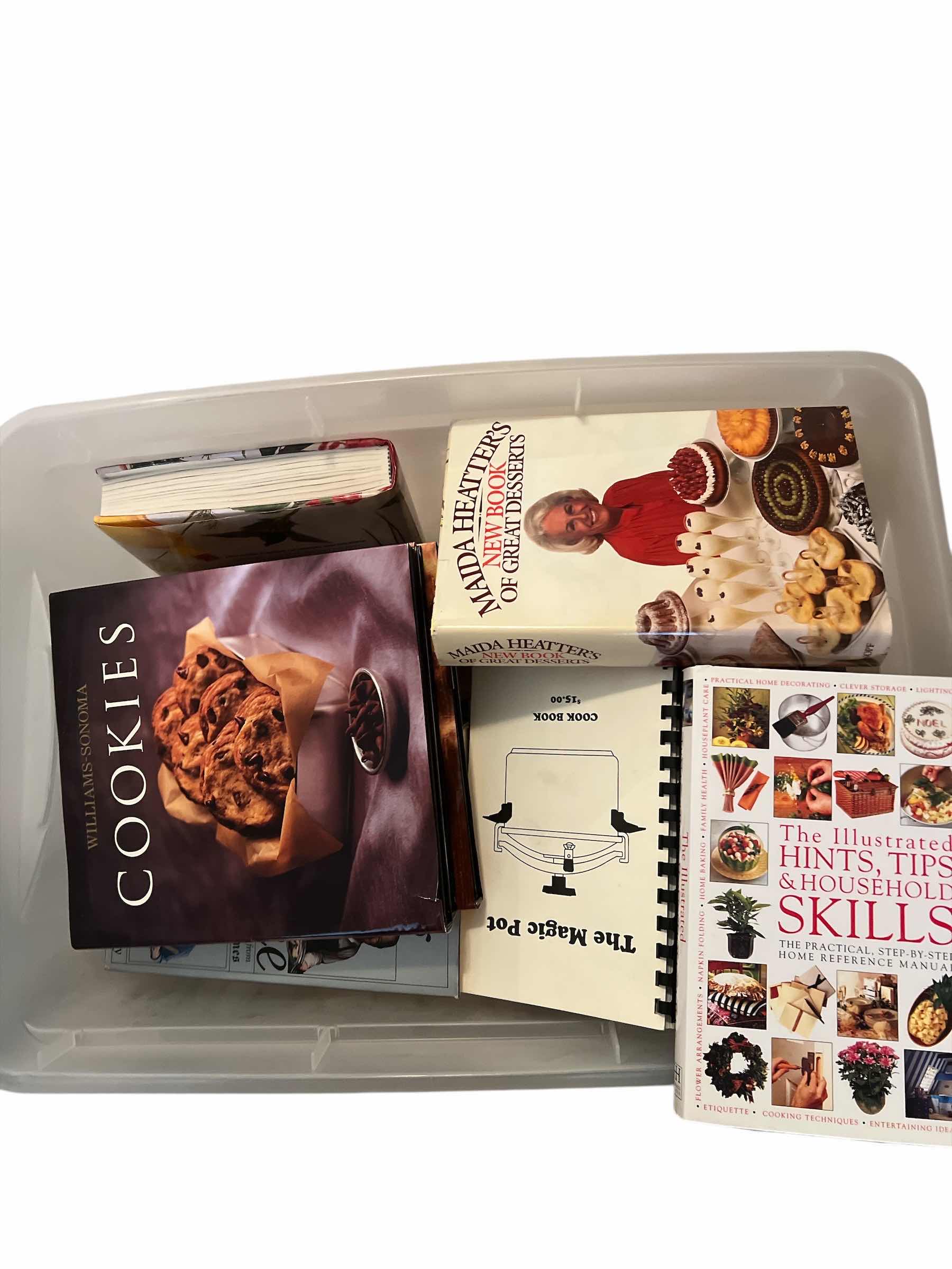 Photo 1 of COLLECTION OF VINTAGE AND NEWER COOKBOOKS INCLUDING SEWING PLASTIC TOTE - HARDBOUND AND SOFTCOVER