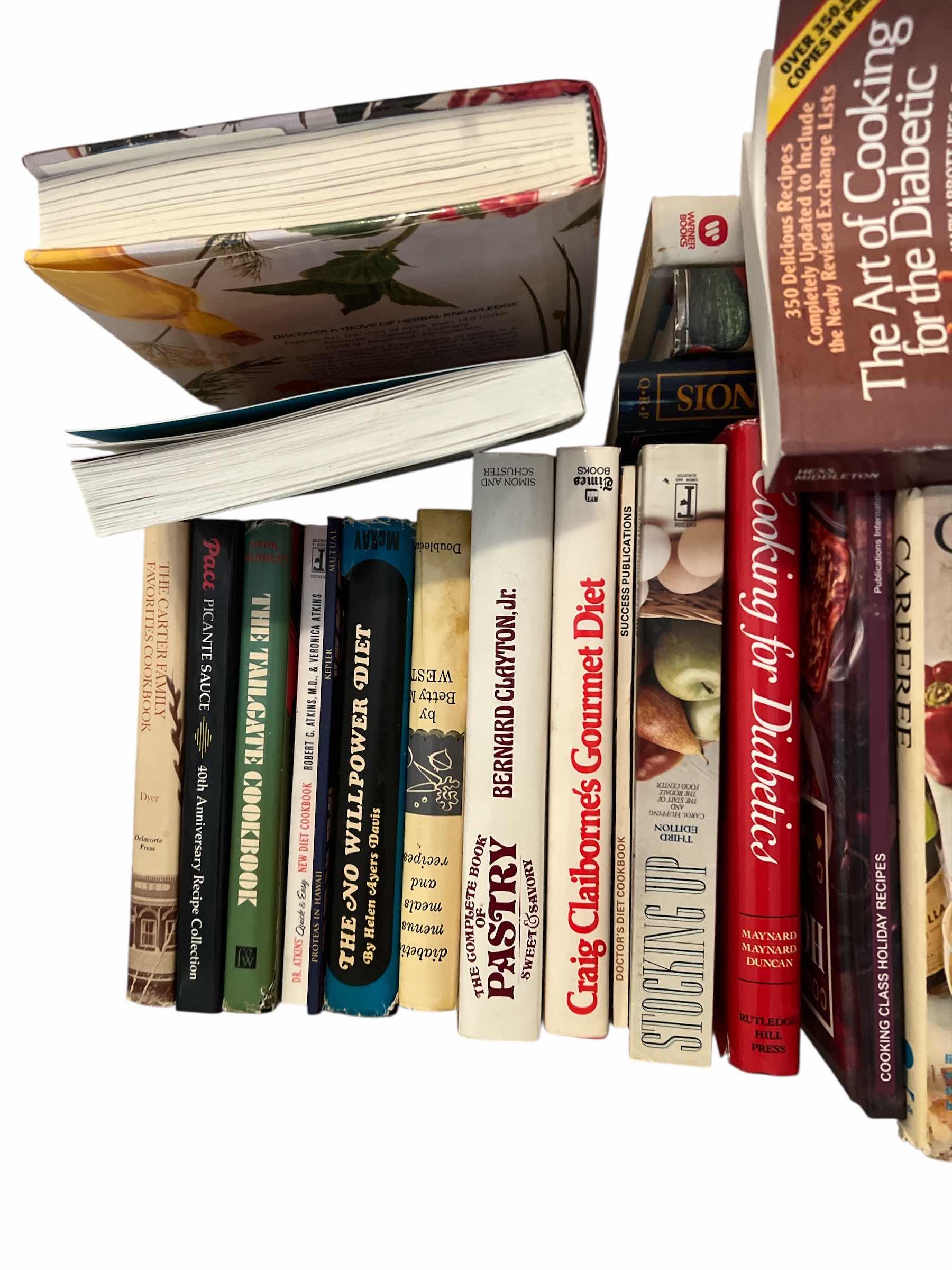 Photo 1 of COLLECTION OF VINTAGE AND NEWER COOKBOOKS INCLUDING SEWING PLASTIC TOTE - HARDBOUND AND SOFTCOVER