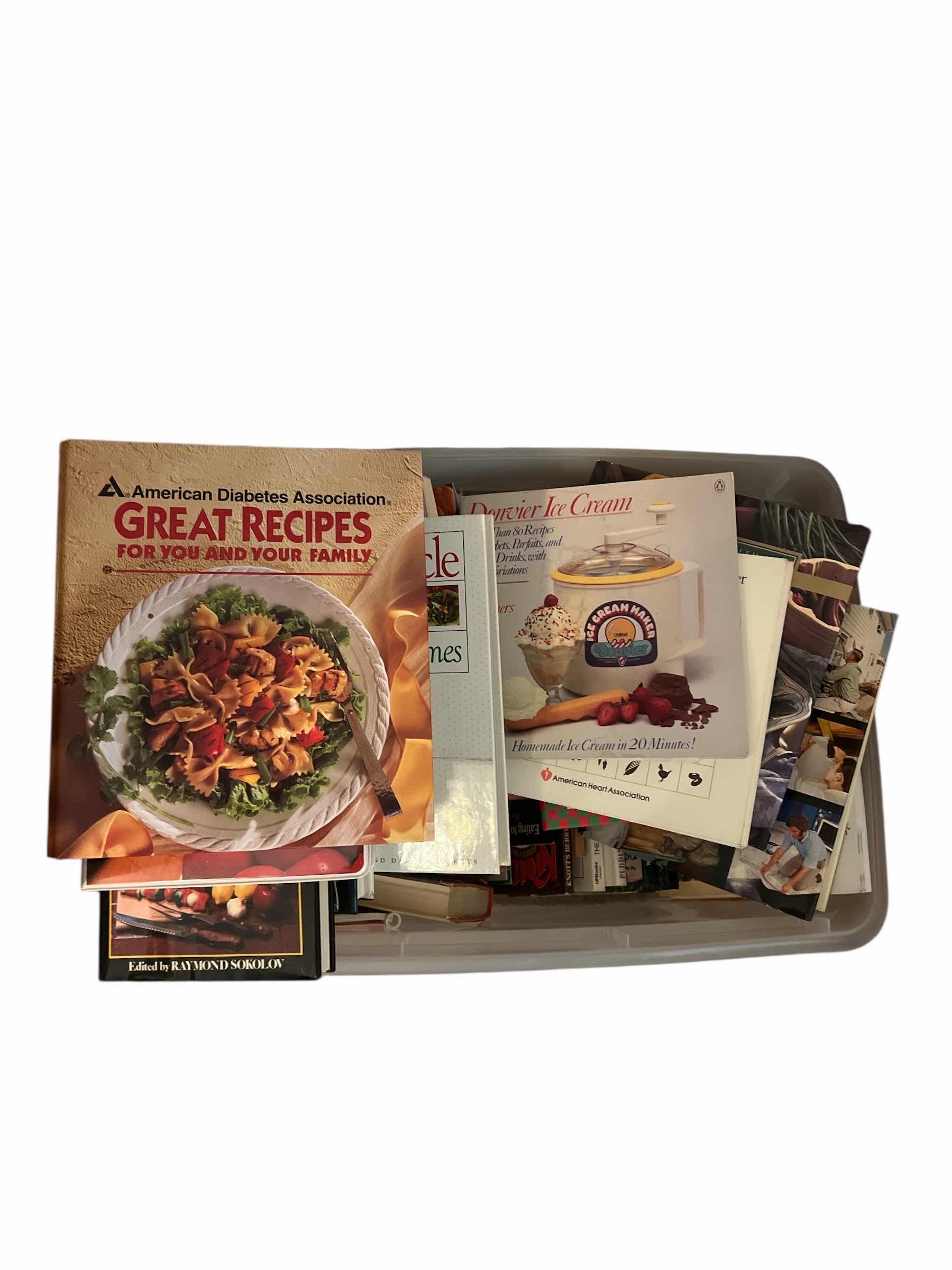 Photo 1 of PLASTIC TOTE OF VINTAGE COOKBOOKS - HARDBACKS AND MORE