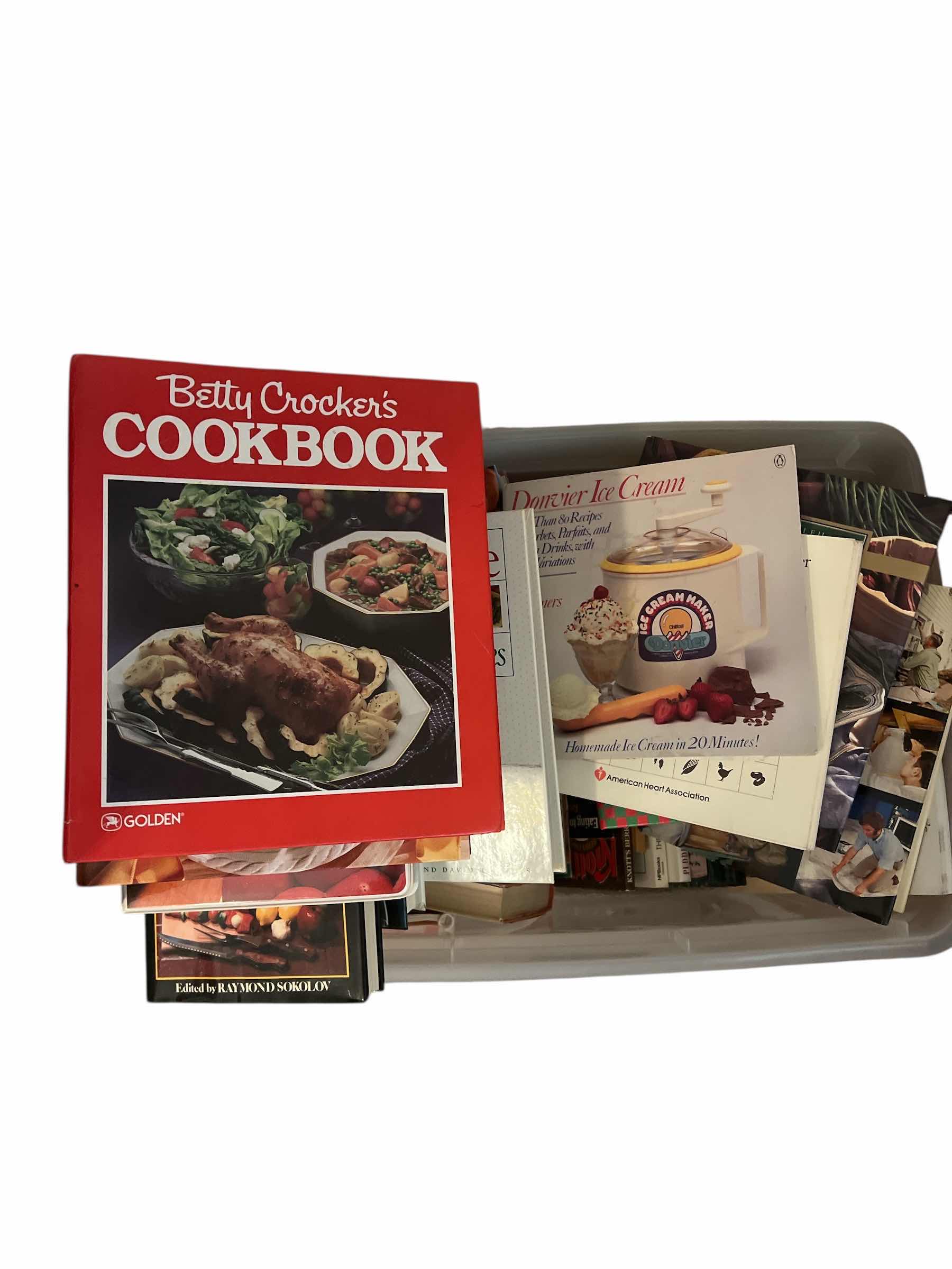 Photo 1 of PLASTIC TOTE OF VINTAGE COOKBOOKS - HARDBACKS AND MORE