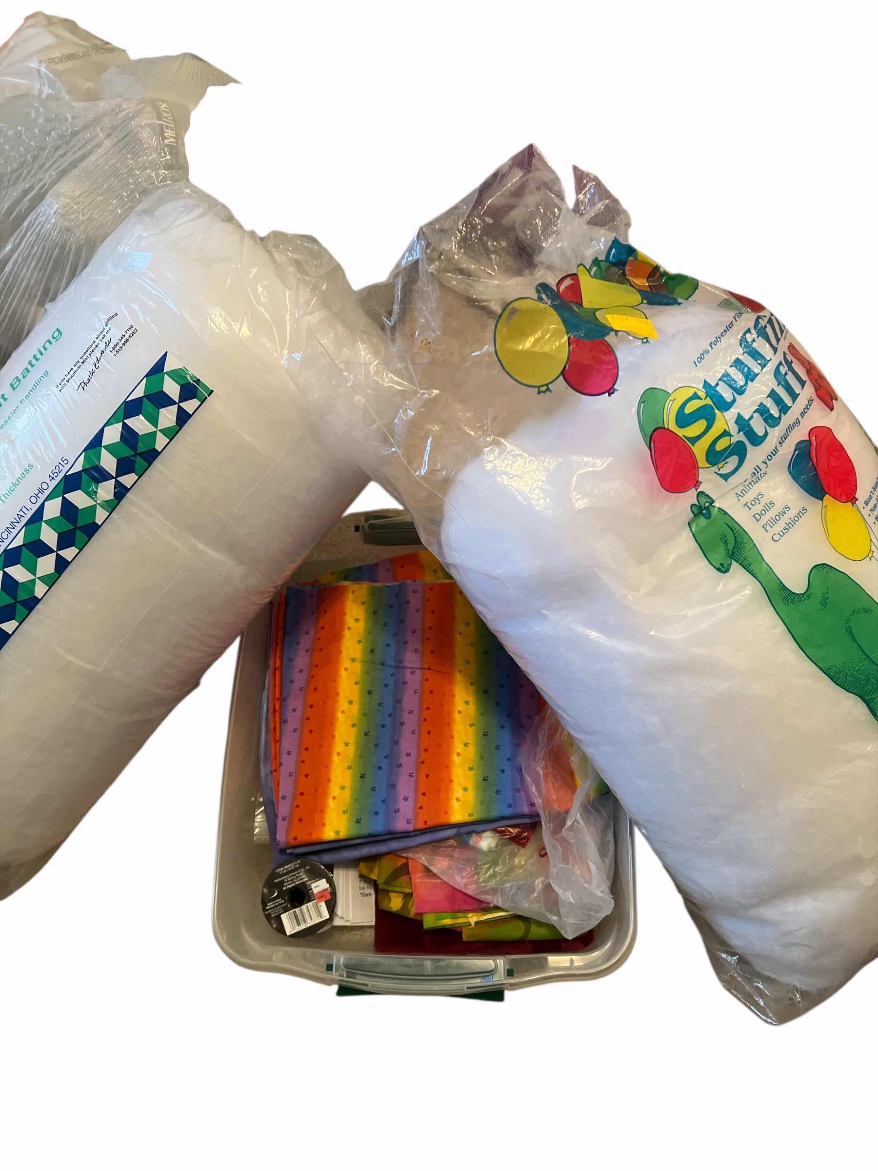 Photo 1 of QUILTING BATTING - KING SIZE - MOUNTAIN MIST - STUFFED ANIMAL POLYESTERS FILL AND PLASTIC CONTAINER OF FABRIC