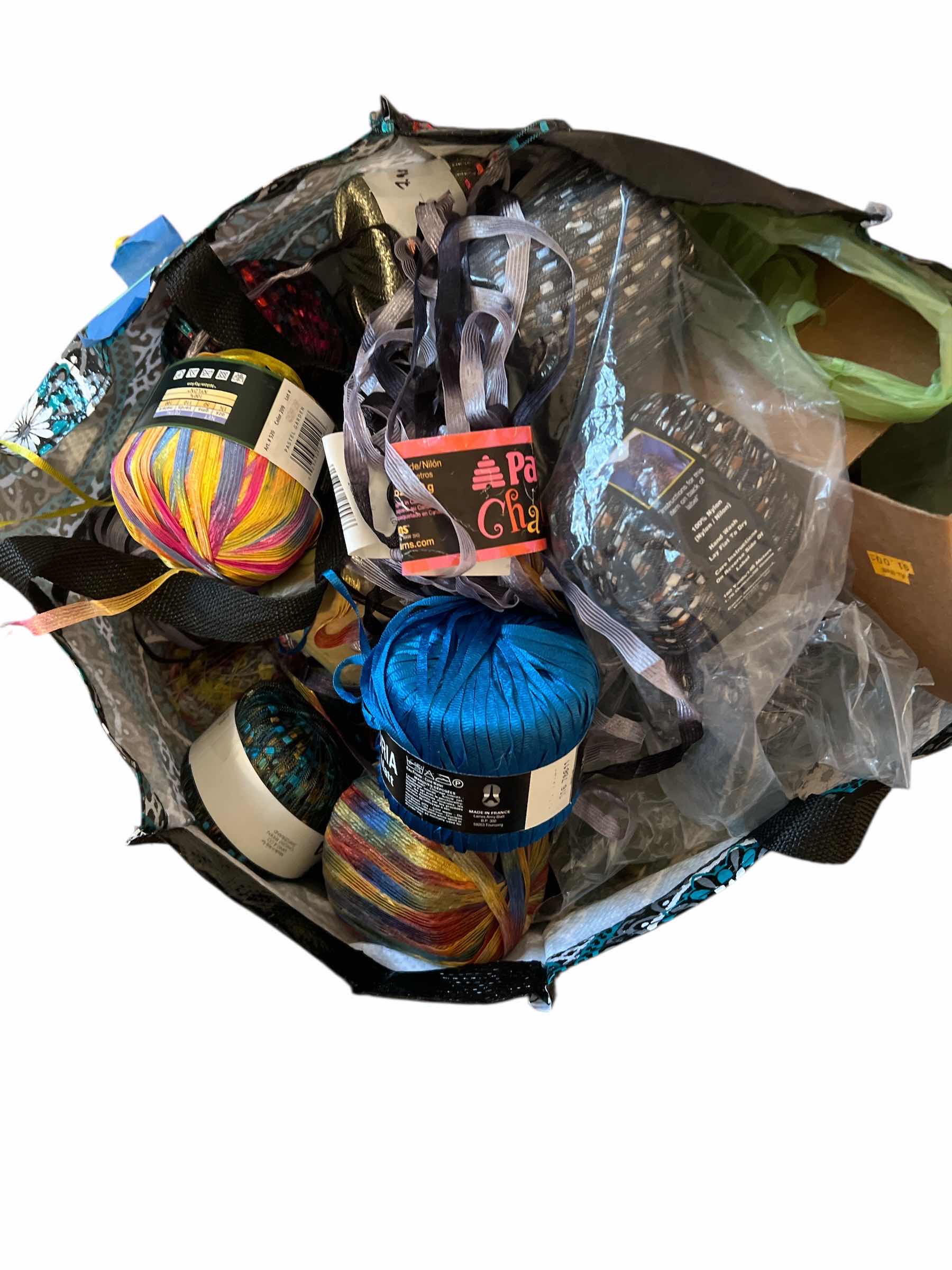 Photo 1 of BAG OF CONES OF SPECIALTY THREAD-VINTAGE G.E. CHRISTMAS ORNAMENTS AND RIBBON