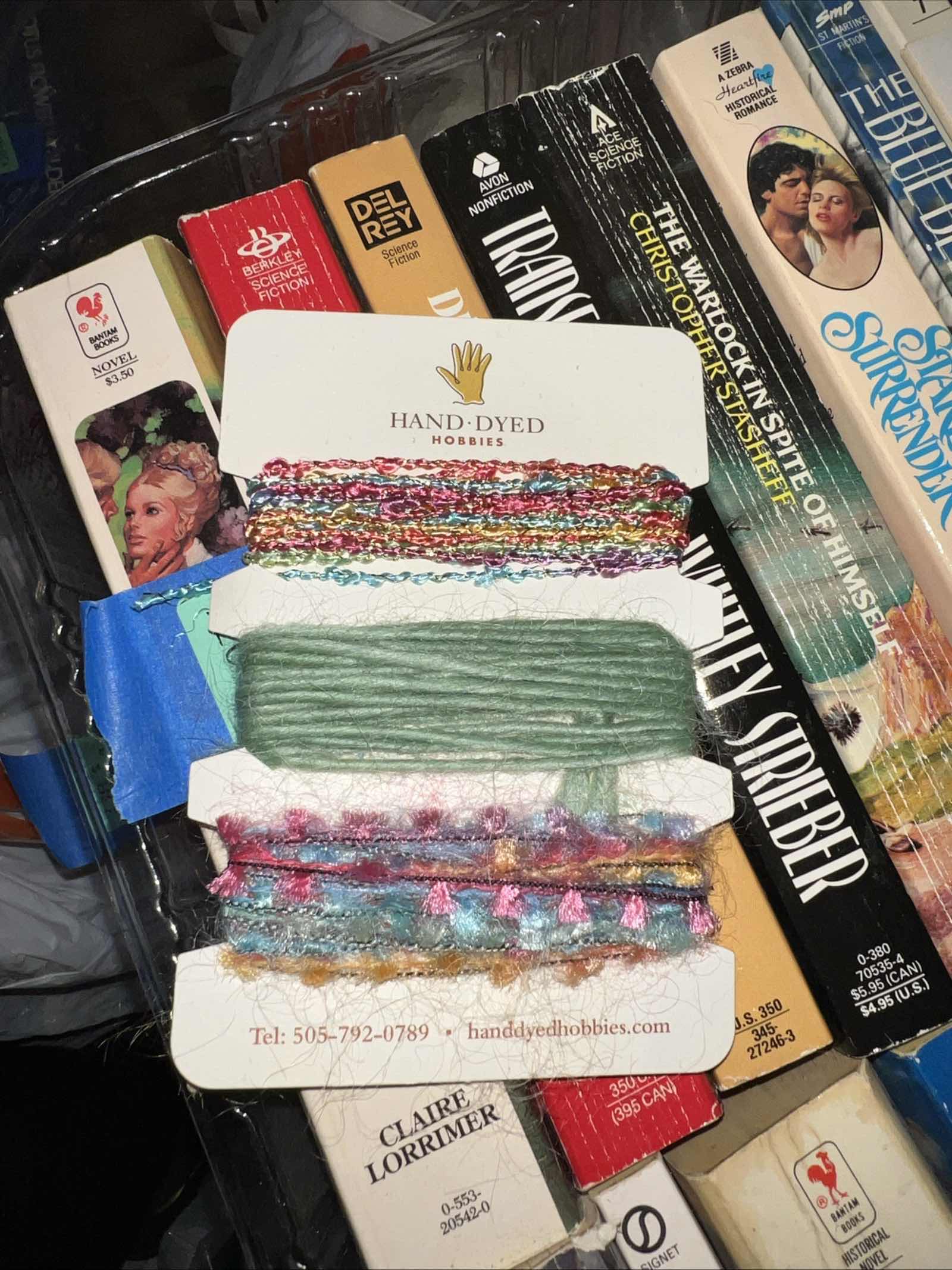 Photo 1 of HAND DYED HOBBY SAMPLE CARDS OF THREAD, EMBROIDERY YARN, CONE OF THREAD, AND MORE