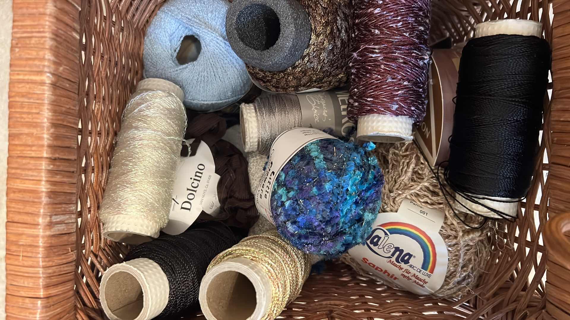 Photo 1 of BASKET AND CONTENTS OF THREAD, EMBROIDERY THREAD AND MORE