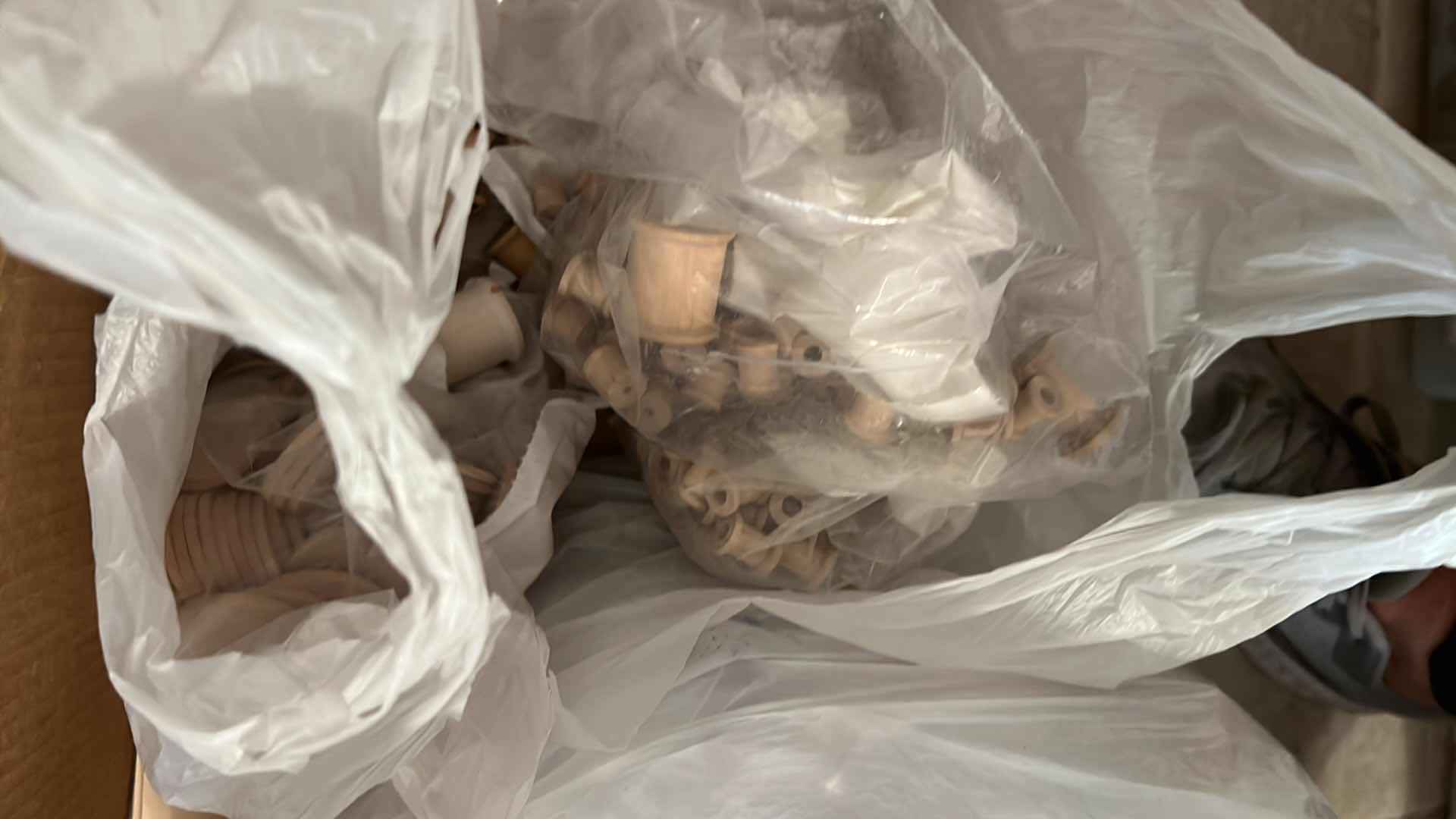 Photo 1 of BOX AND TWO BAGS OF WOOD CRAFTING SUPPLIES