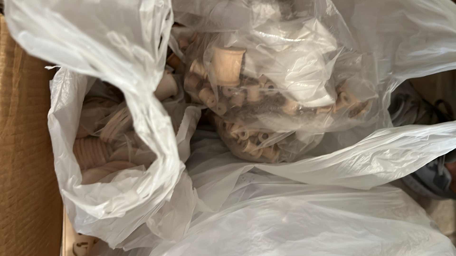 Photo 1 of BOX AND TWO BAGS OF WOOD CRAFTING SUPPLIES