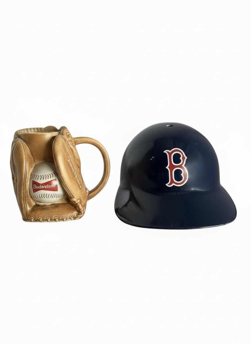 Photo 1 of BUDWEISER BASEBALL W GLOVE BEER STEIN, BOSTON RED SOX REPLICA PLASTIC HELMET