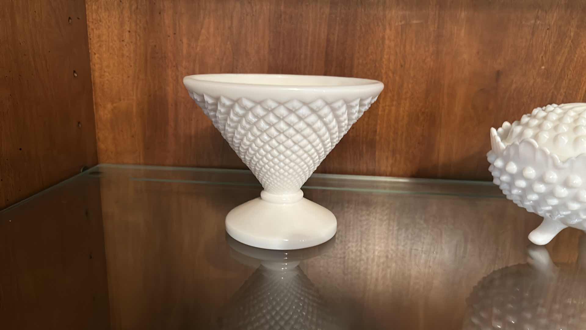 Photo 1 of 3 VINTAGE MILK GLASS PIECES -COMMONLY IDENTIFIED AS FENTON HOBNAIL. COVERED CANDY DISH, A RUFFLED VASE, AND A FOOTED COMPOTE BOWL, ALL SHOWCASING THE SIGNATURE RAISED DOT PATTERN.