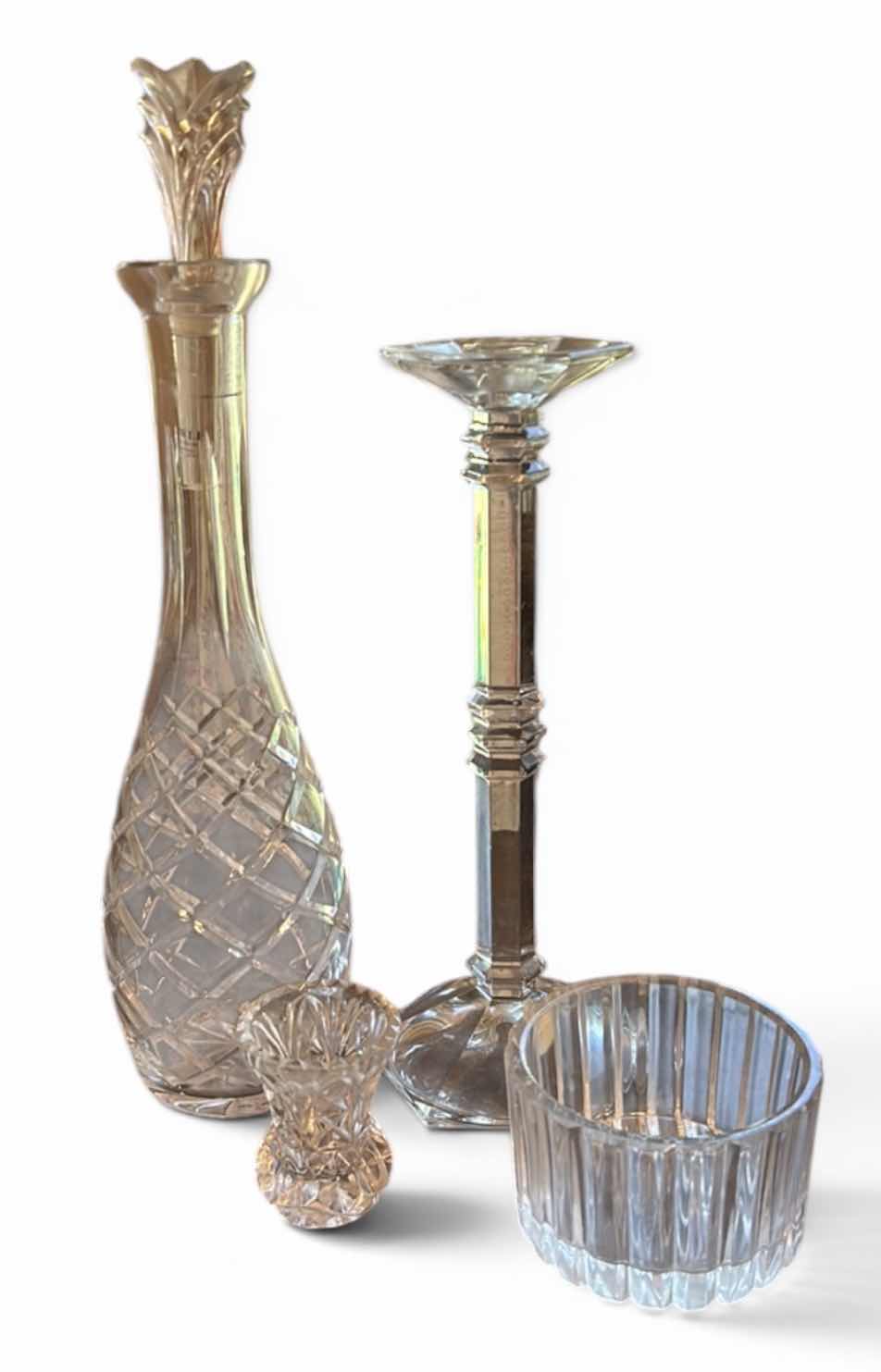 Photo 1 of 4 PC VINTAGE CRYSTAL ITEMS – BERKELEY HOUSE LEAD CRYSTAL DECANTER, CANDLEHOLDER, VASE & BOWL (TALLEST H15.5”)