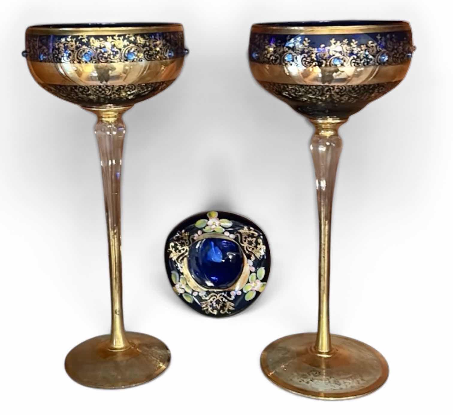 Photo 1 of 2 VINTAGE BOHEMIAN-STYLE COBALT AND GILT ART GLASS PEDESTAL COMPOTE / GOBLET, FEATURING HEAVY GOLD ENCRUSTED FLORAL DECORATION WITH COBALT BLUE JEWELED CABOCHON ACCENTS, CLEAR STEM, AND GILT FOOT, APPROX. H13” & BOHEMIAN CZECH COBALT BLUE GLASS BOWL,