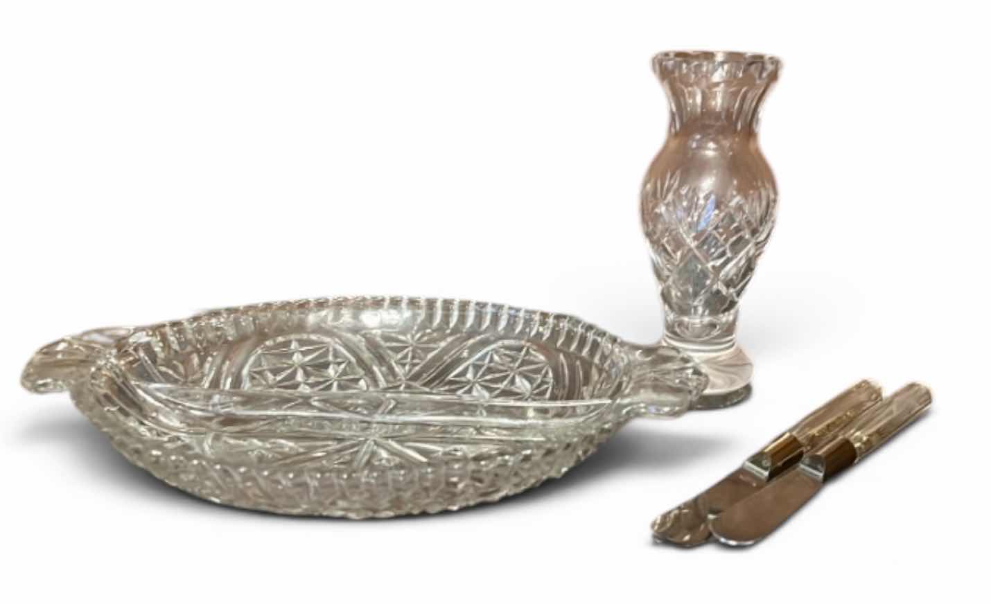 Photo 1 of VINTAGE ANCHOR HOCKING “STARS AND BARS” PATTERN CLEAR PRESSED GLASS DIVIDED RELISH DISH, WITH UTENSILS & VINTAGE CUT CRYSTAL VASE, (VASE 5.5”)