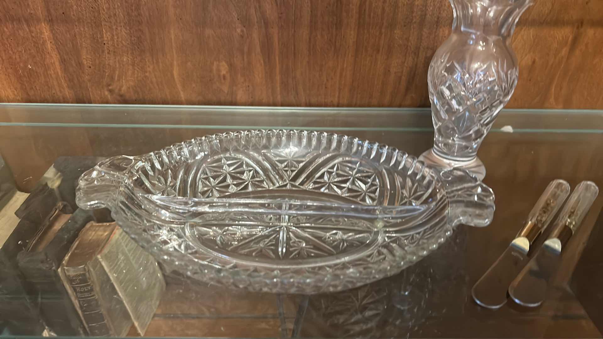 Photo 1 of VINTAGE ANCHOR HOCKING “STARS AND BARS” PATTERN CLEAR PRESSED GLASS DIVIDED RELISH DISH, WITH UTENSILS & VINTAGE CUT CRYSTAL VASE, (VASE 5.5”)