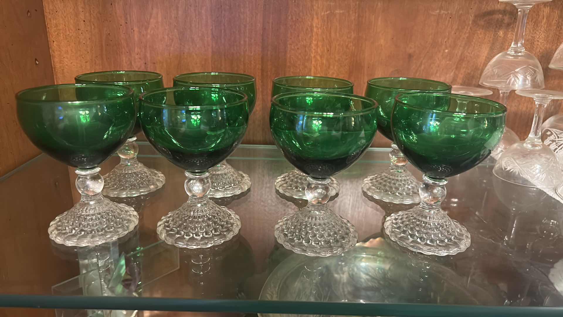 Photo 1 of 8- ANCHOR HOCKING “BUBBLE FOOT” GLASSES, FEATURE EMERALD GREEN BOWLS SET ON CLEAR, TEXTURED PEDESTALS. OFTEN DESCRIBED AS SHERBET CUPS OR COCKTAIL GOBLETS,