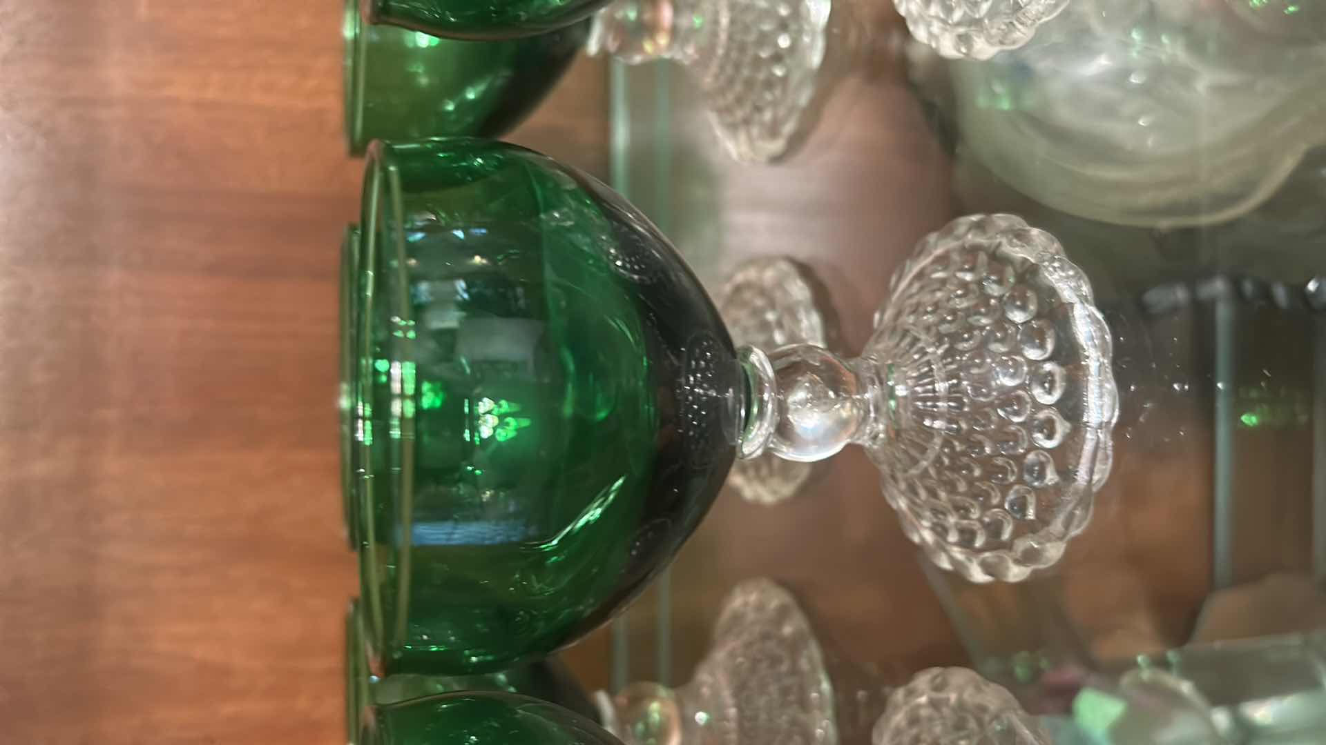 Photo 1 of 8- ANCHOR HOCKING “BUBBLE FOOT” GLASSES, FEATURE EMERALD GREEN BOWLS SET ON CLEAR, TEXTURED PEDESTALS. OFTEN DESCRIBED AS SHERBET CUPS OR COCKTAIL GOBLETS,